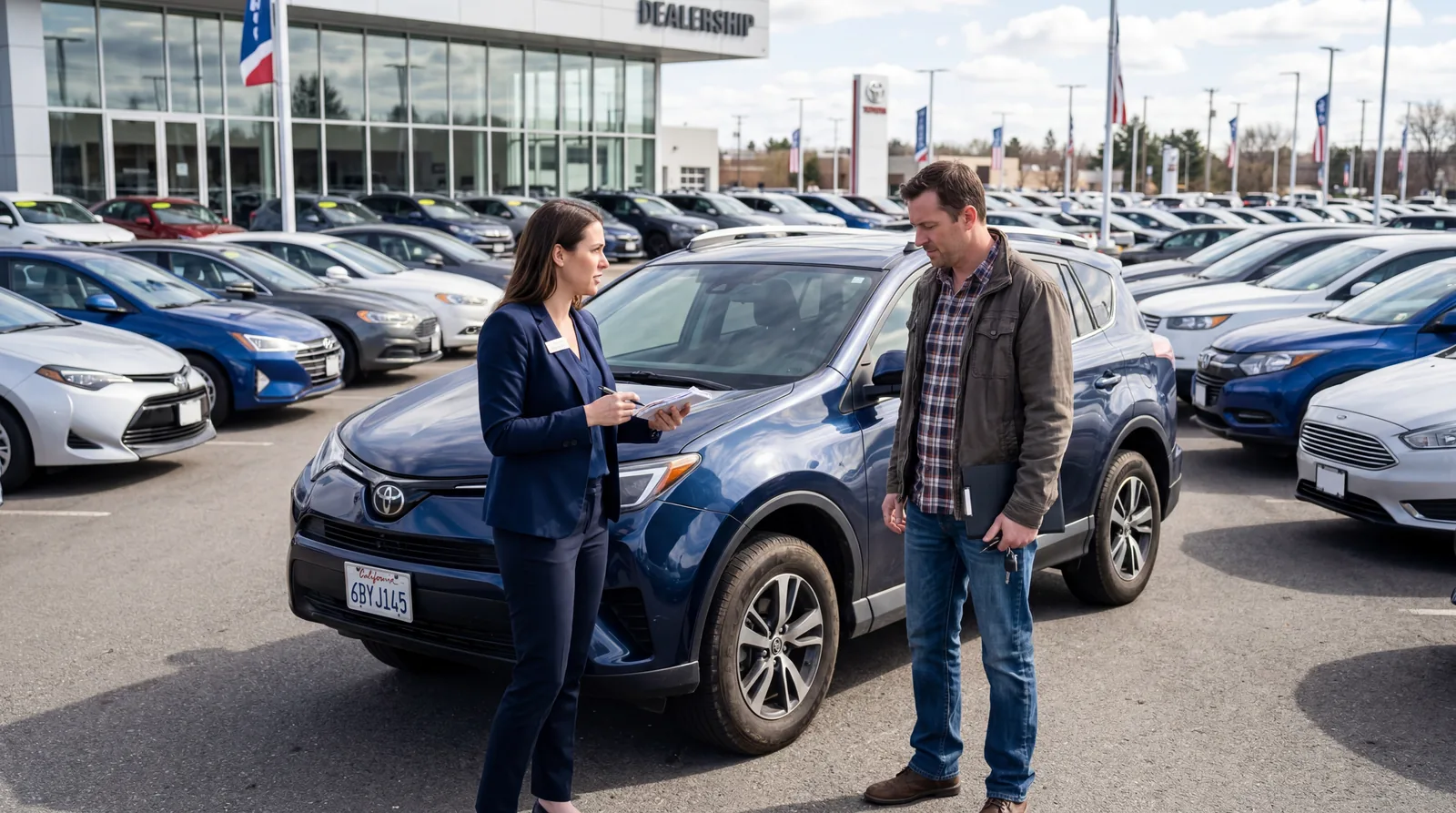 Car salesperson and customer standing next to a trade-in vehicle in a dealership lot, negotiation posture