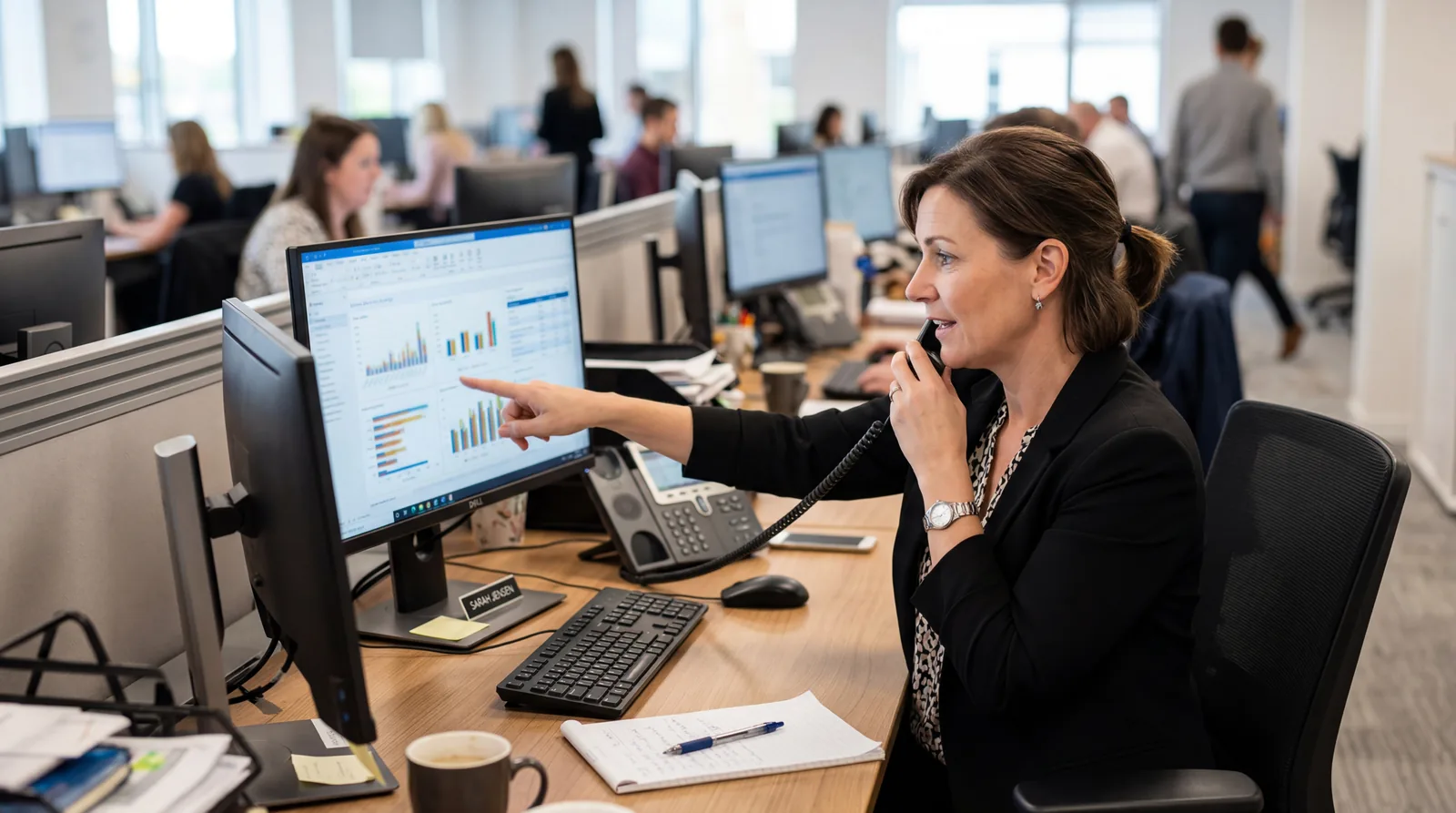 Customer service manager reviewing a screen while on a phone call, pointing at something on the monitor