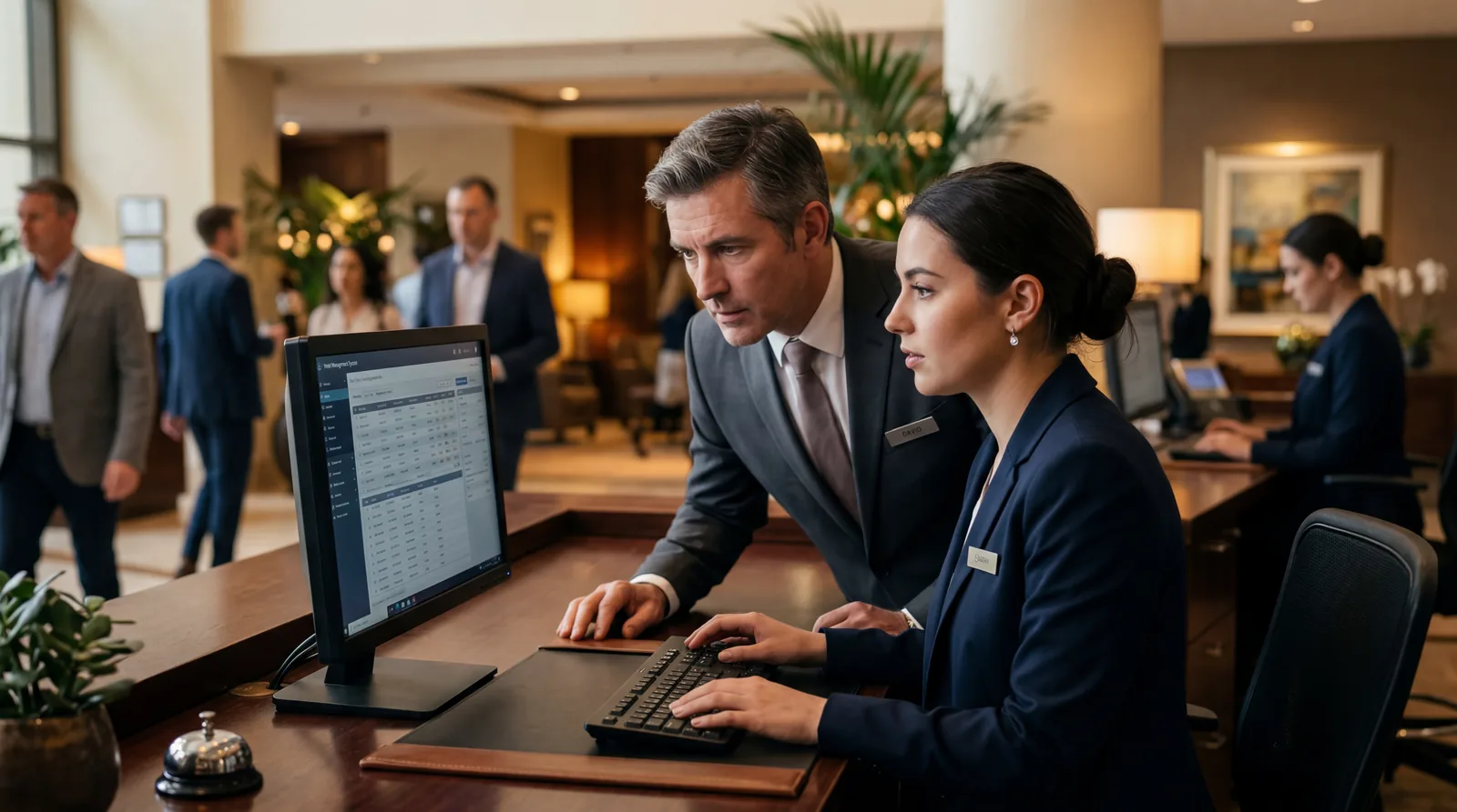 Hotel front desk agent discreetly reviewing a computer screen with a manager leaning in to look