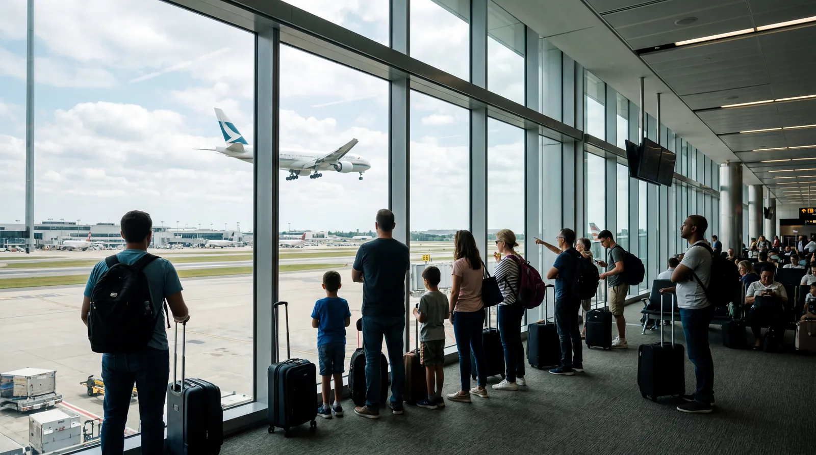 Passengers in airport terminal looking out at aircraft on final approach visible through large windows