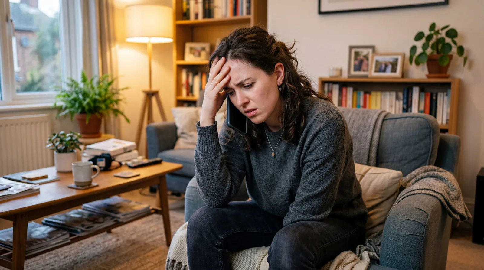 Person on hold on a phone call, frustrated expression, home living room
