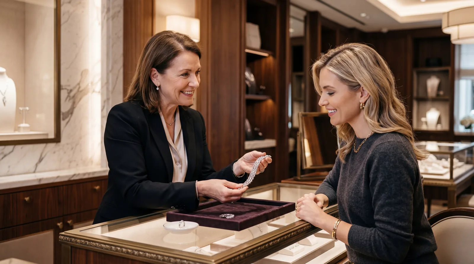 Salesperson smiling warmly while presenting a luxury item to a customer in an upscale retail environment