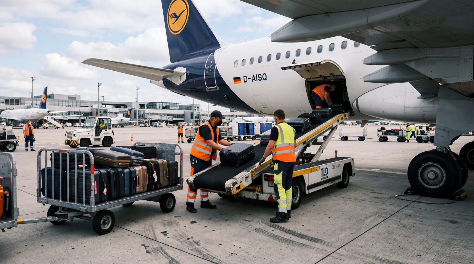 Airport ground crew loading luggage onto a belt loader next to a parked aircraft