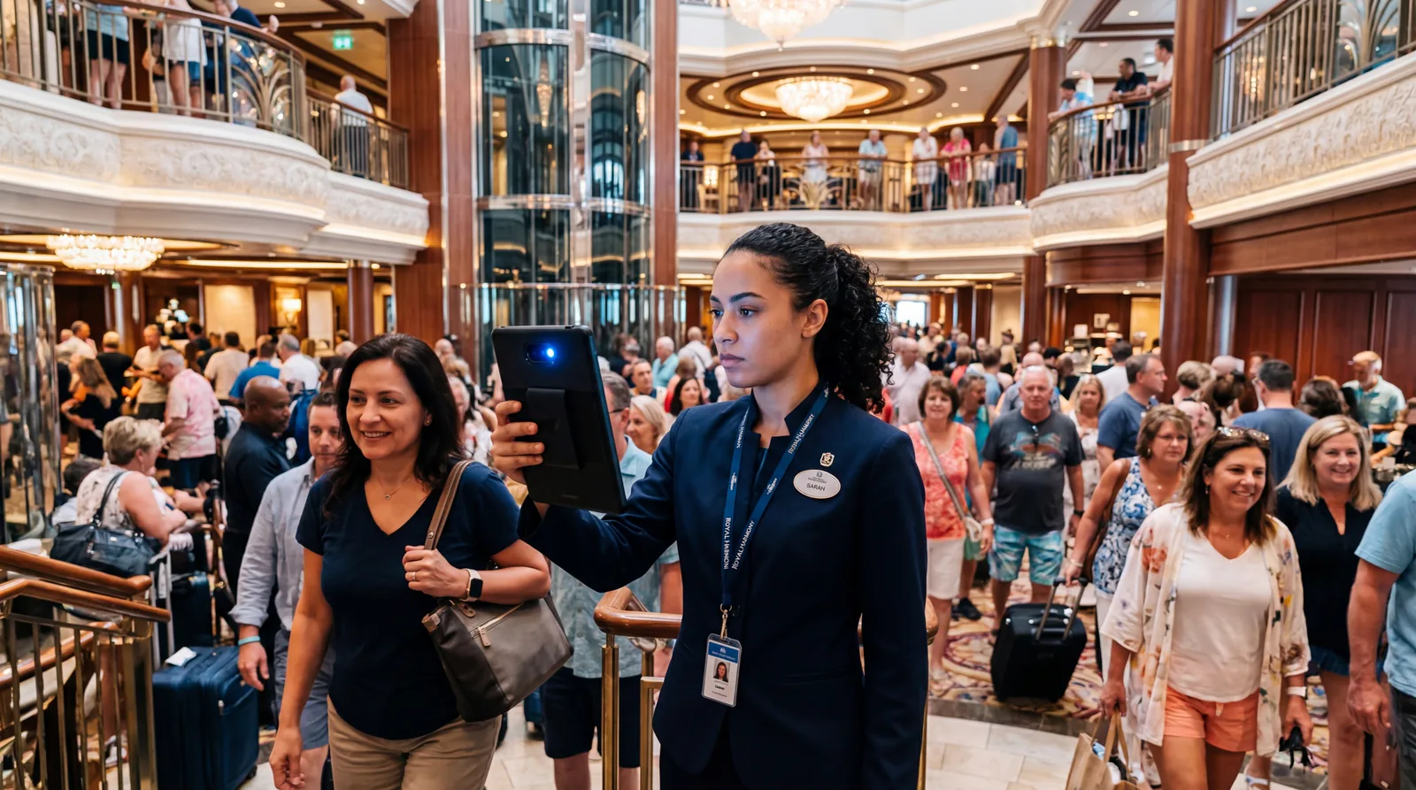 Cruise ship staff member scanning faces in a crowded atrium, focused and alert