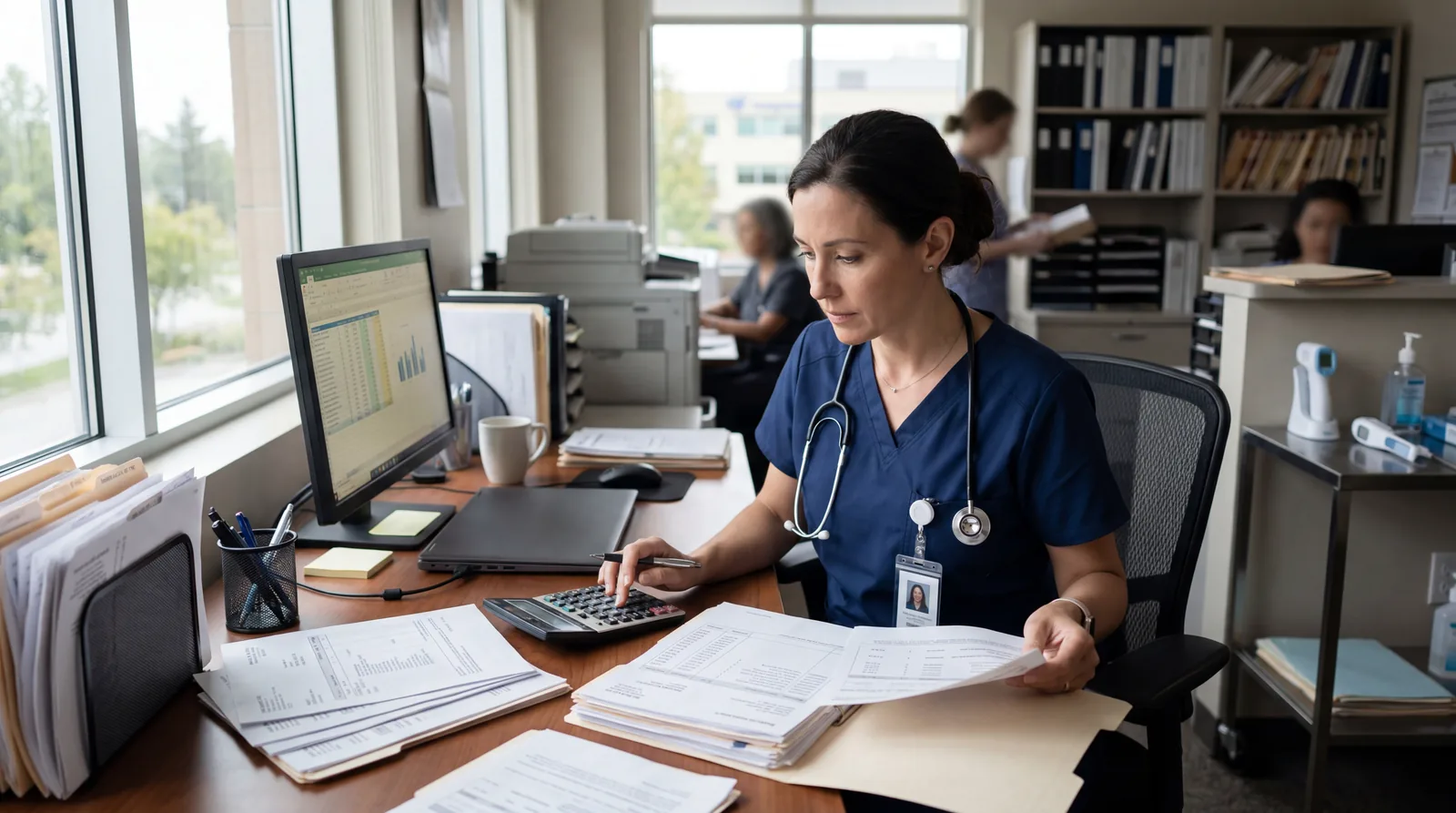 Medical professional reviewing invoices with a calculator, office setting, natural light