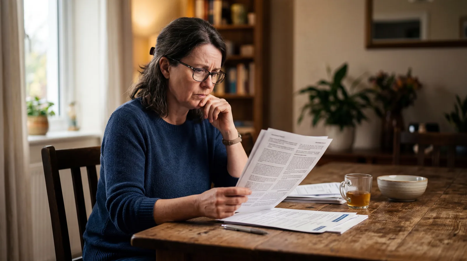Person reading an insurance policy document at a dining table, looking concerned