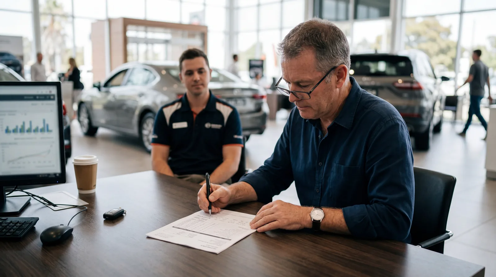 Person reviewing a car invoice document at a dealership desk
