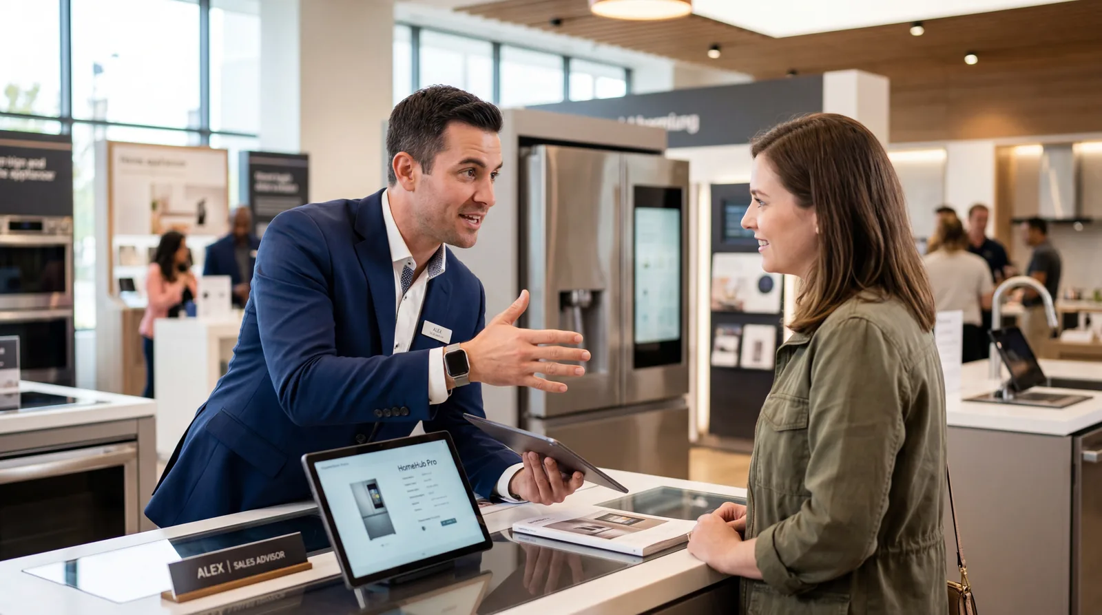 Salesperson gesturing confidently during a conversation with a customer, leaning forward, focused expression, indoor sal