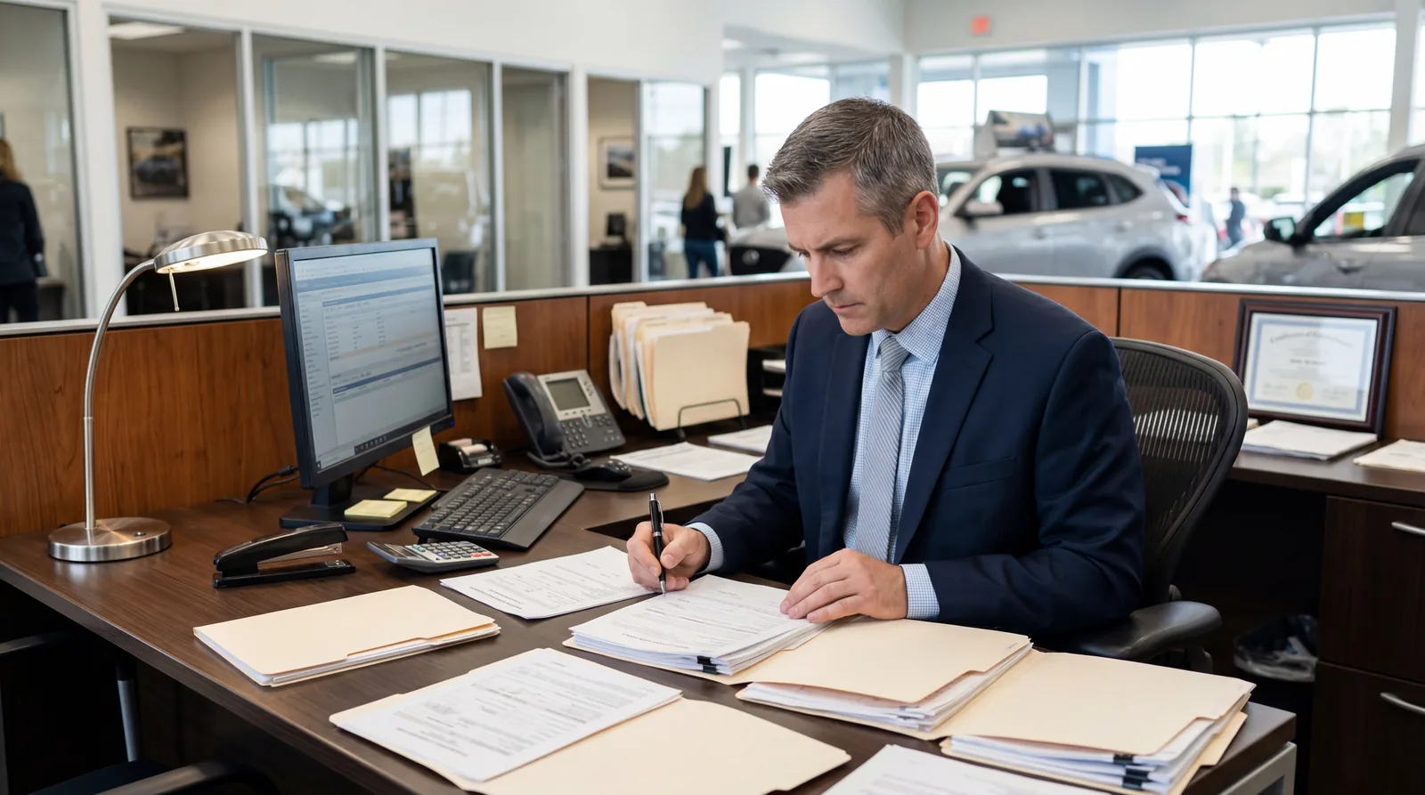 Car dealership finance manager reviewing documents at a desk, focused expression