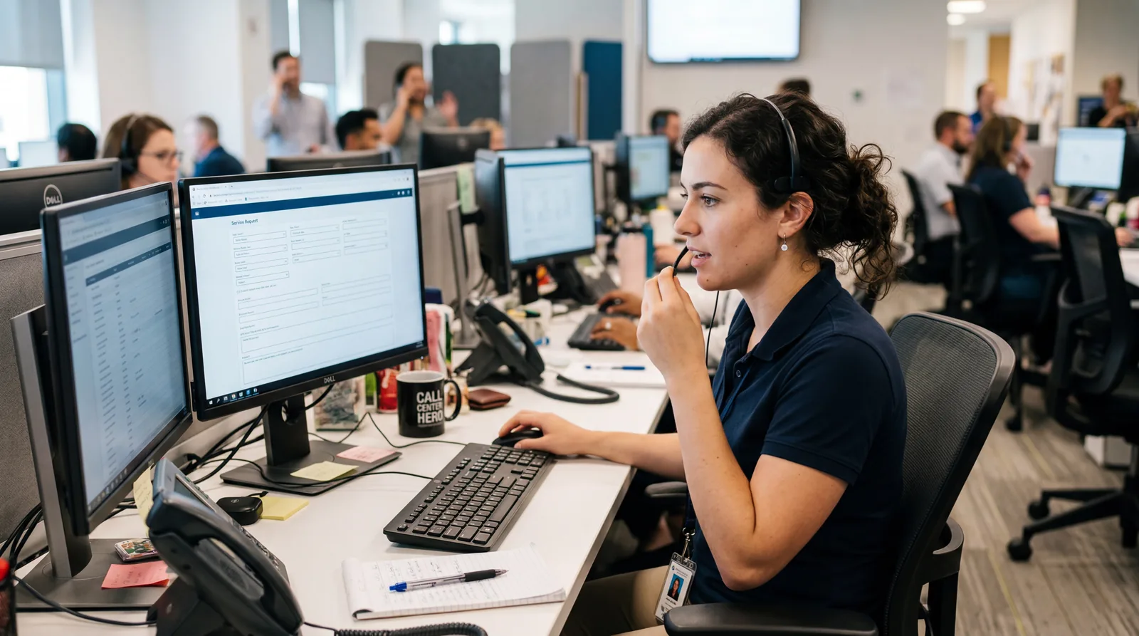 Customer service representative filling out a form on a computer screen while on a call