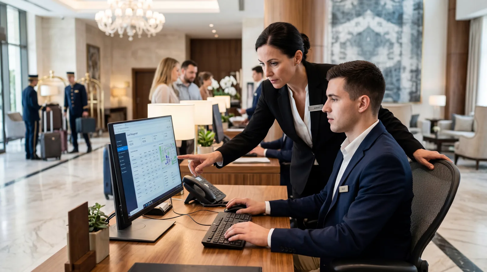 Hotel manager leaning over a front desk agent's shoulder while reviewing something on a screen
