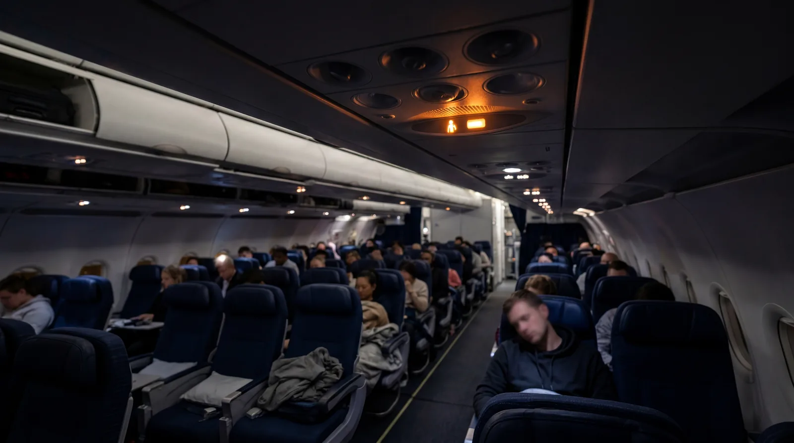 Overhead cabin interior of commercial aircraft with call button light illuminated