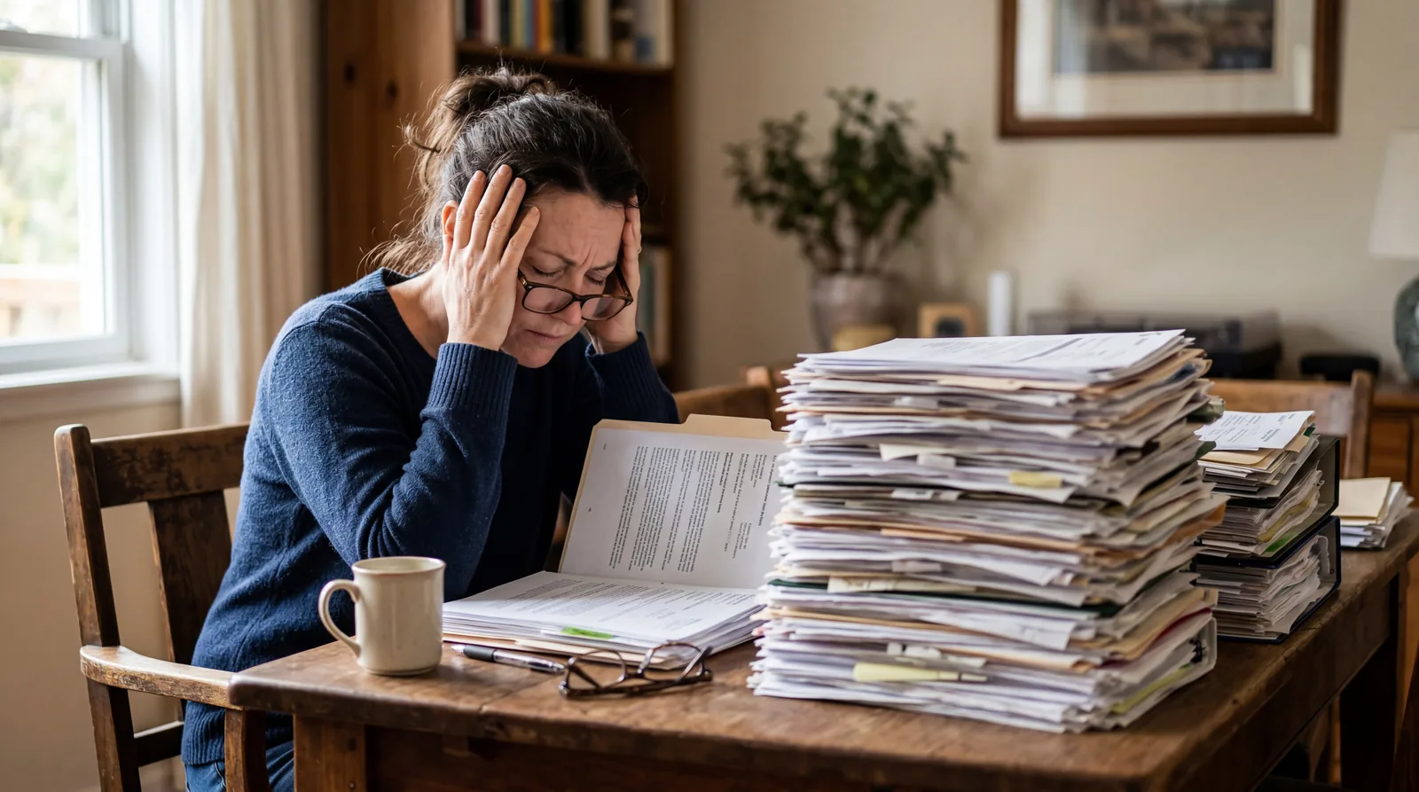 Person reviewing a very thick stack of medical documents at a dining room table, overwhelmed expression