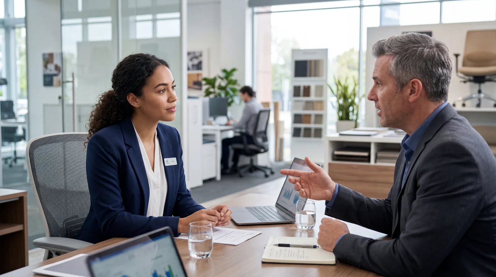 Salesperson nodding thoughtfully at a customer who is speaking, active listening posture, office or showroom setting
