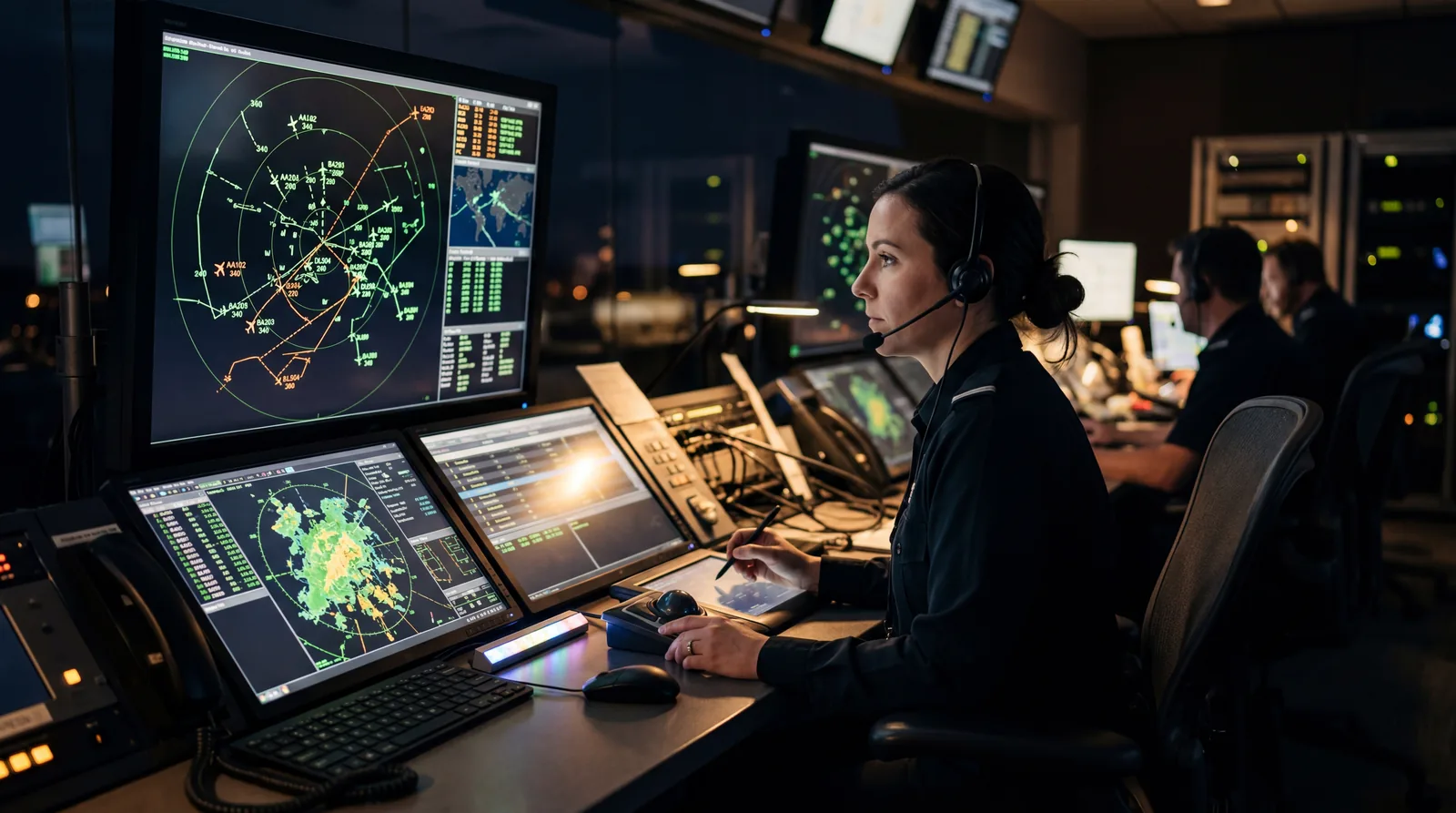 Air traffic controller at radar station watching screens in darkened control room