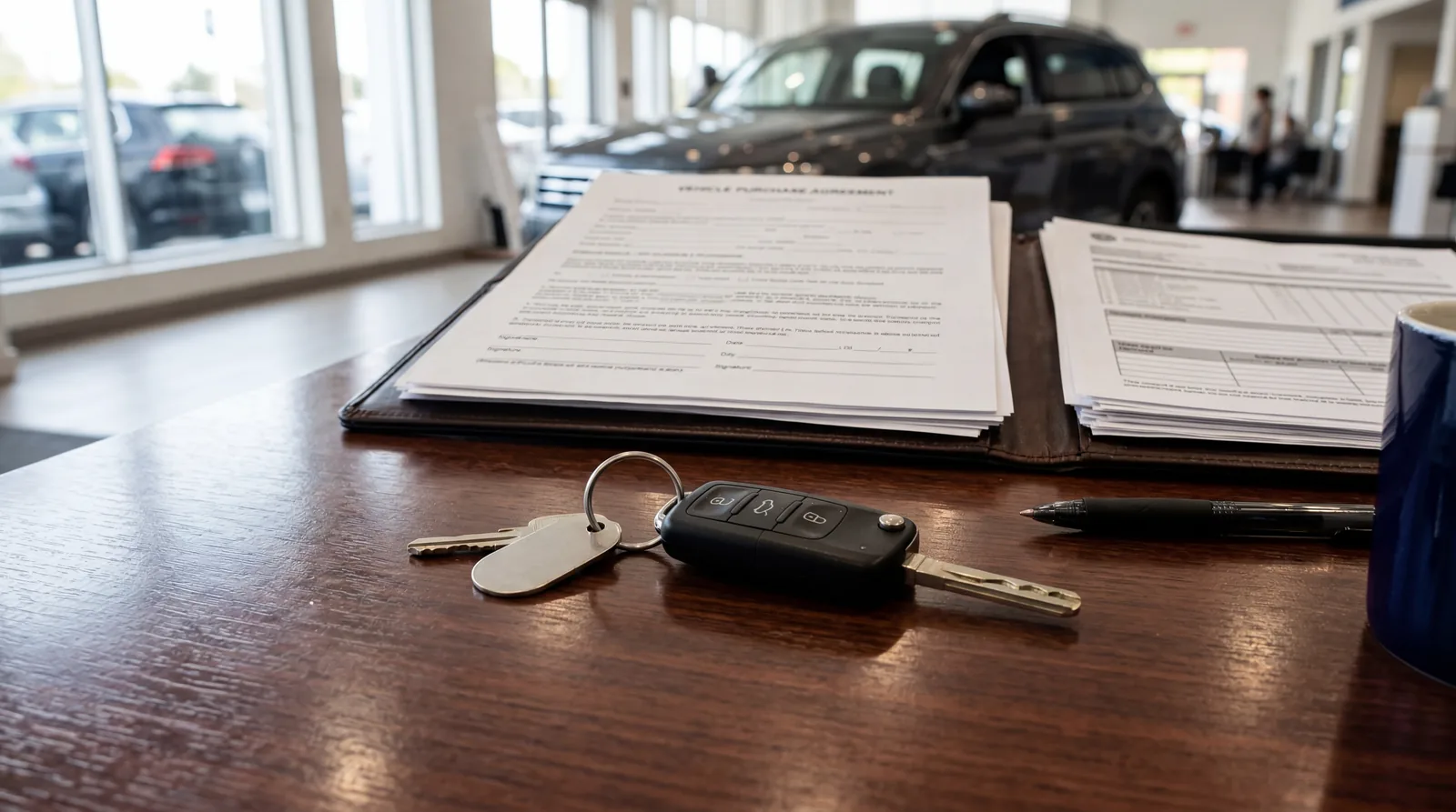 Car keys on a dealership desk with contract paperwork in the background