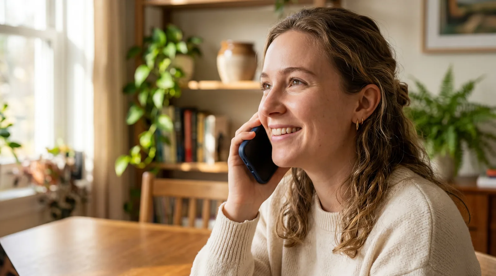 Close-up of a person on a phone call looking hopeful, home background, natural light