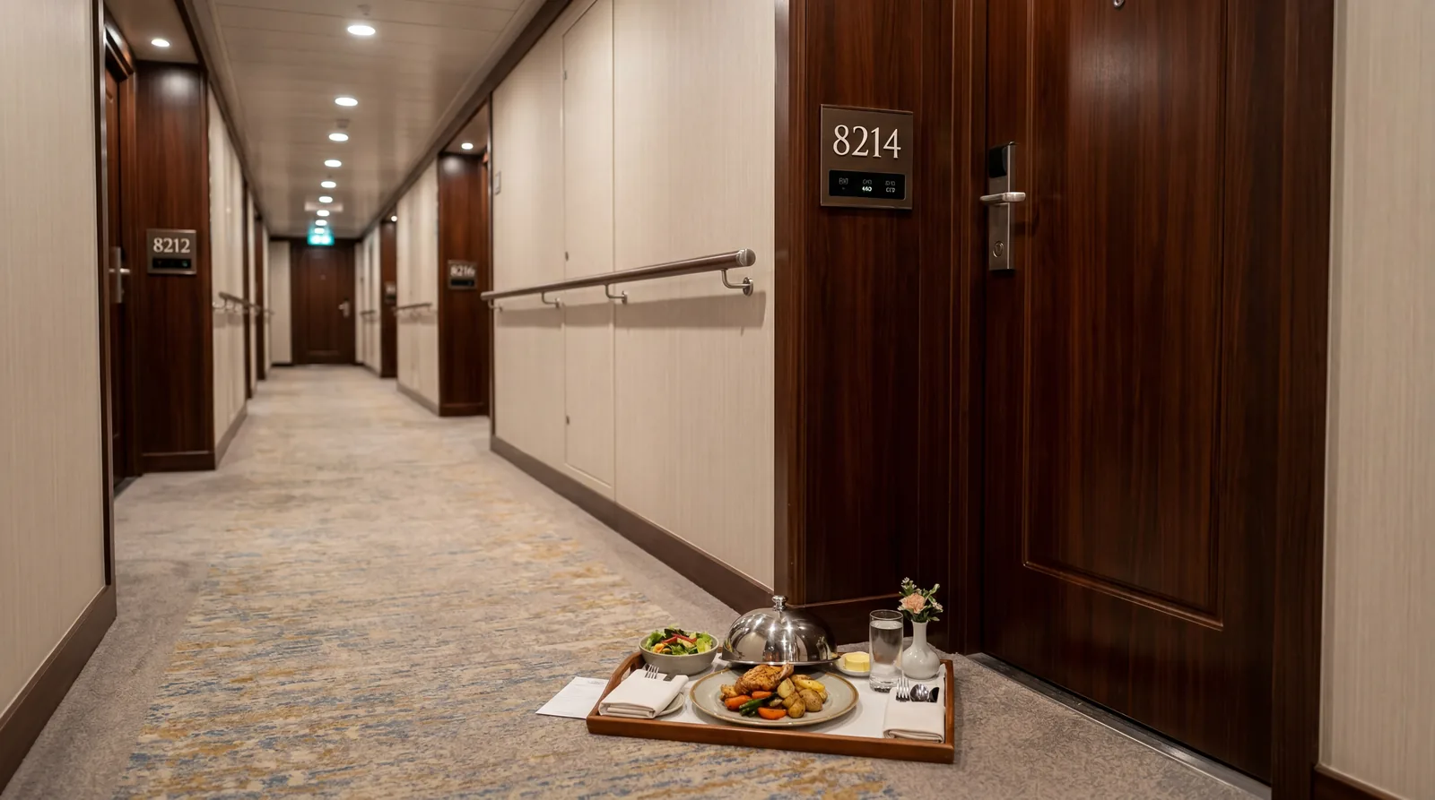 Cruise ship cabin door with a discreet sign and a tray of food left outside it in a corridor
