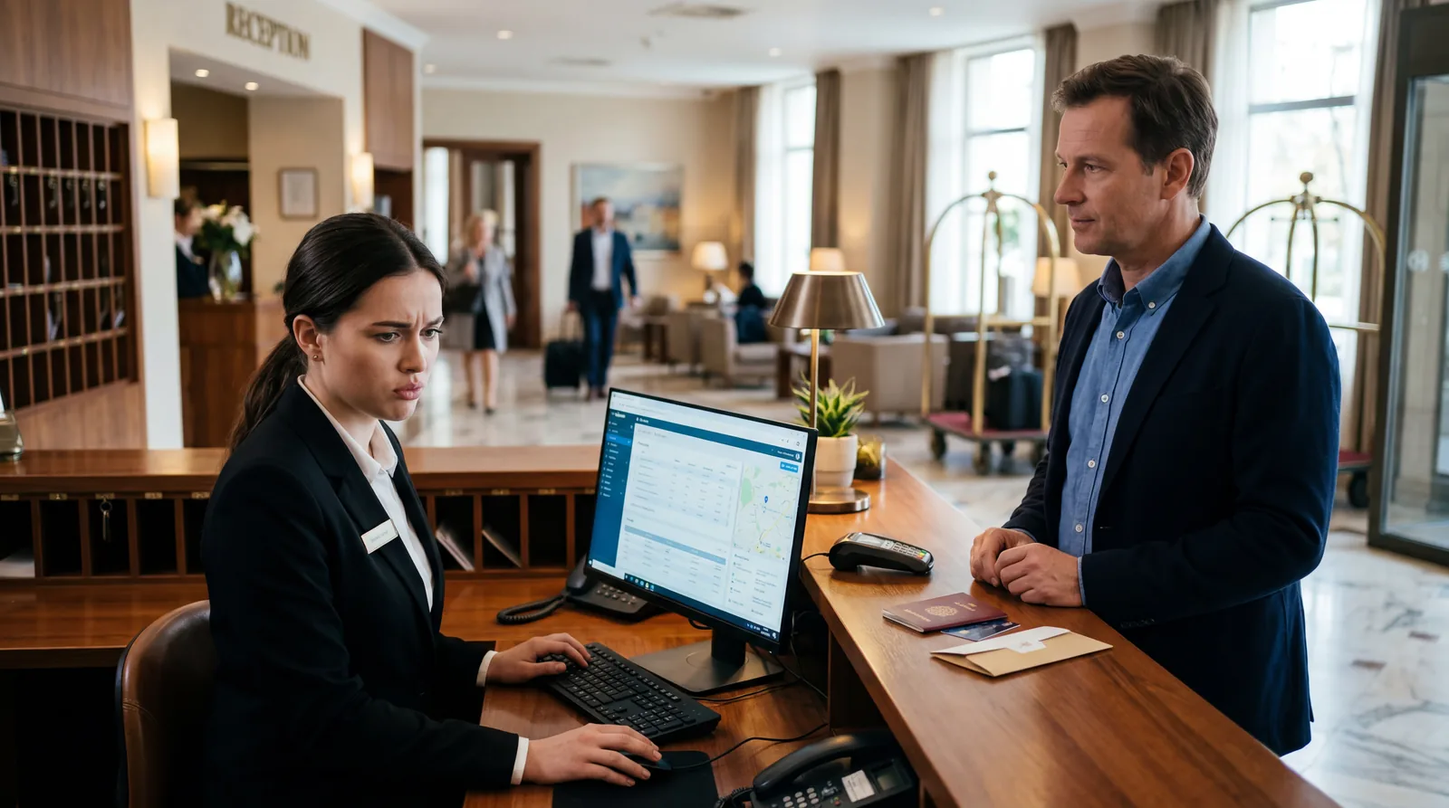 Hotel front desk agent looking at a computer screen with a subtle concerned expression while a guest waits at the desk