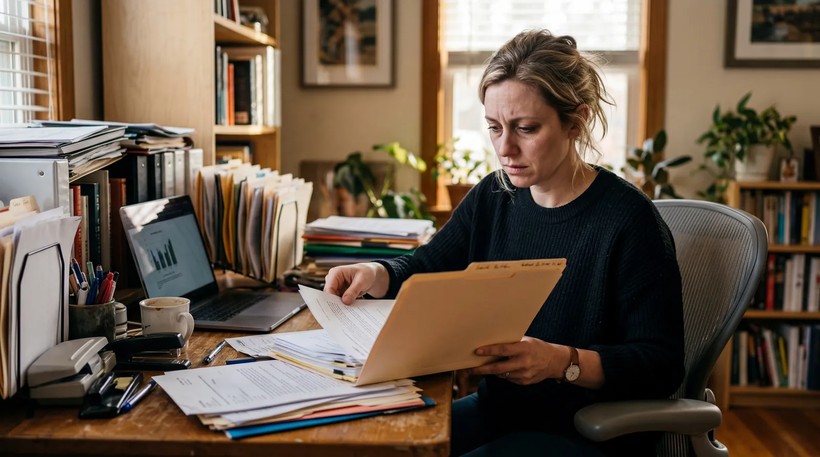 Person filing papers into a folder at a desk, looking stressed, home office