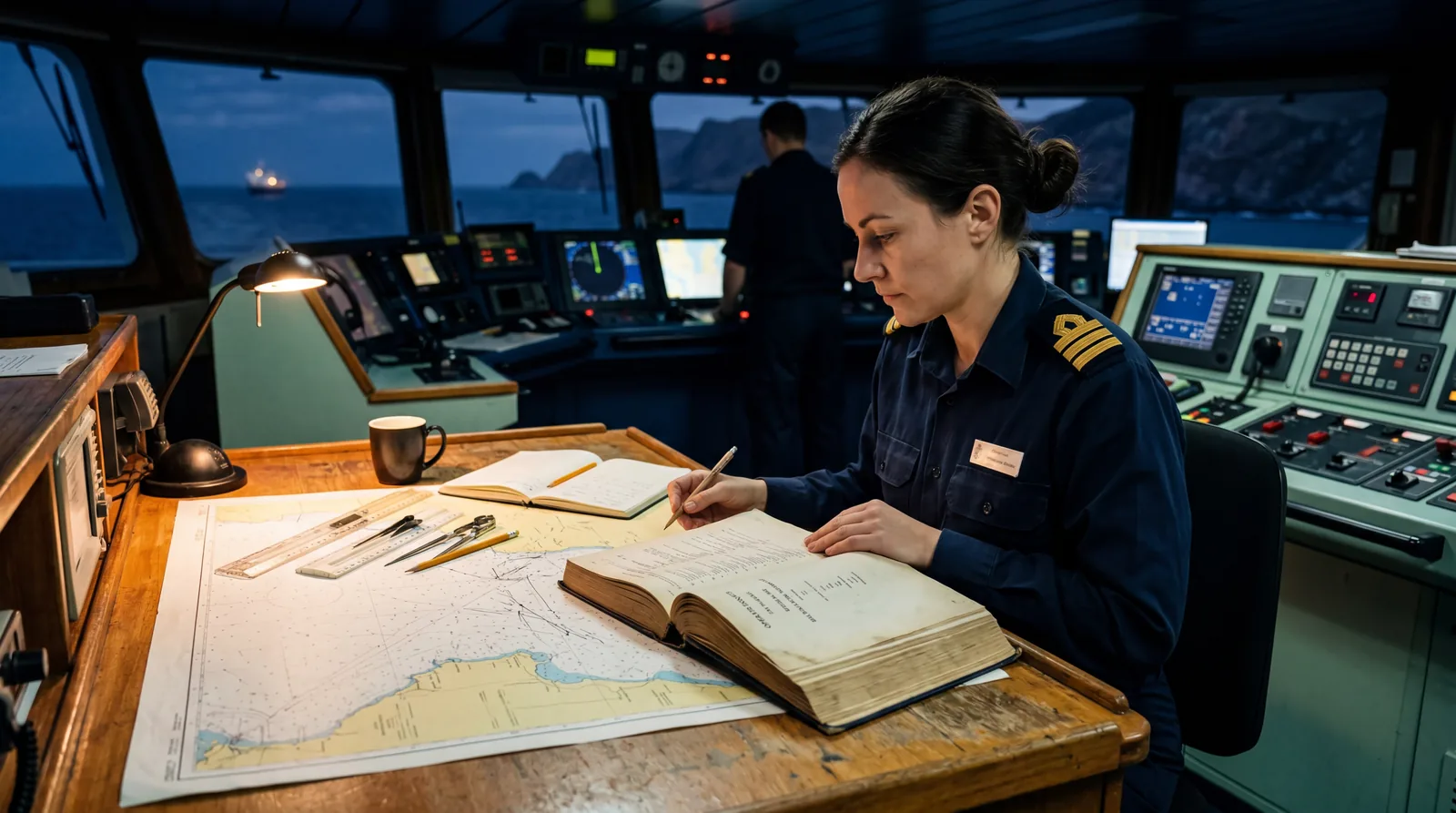 A ship officer studying a thick operations manual at a desk on the ship's bridge, chart table visible