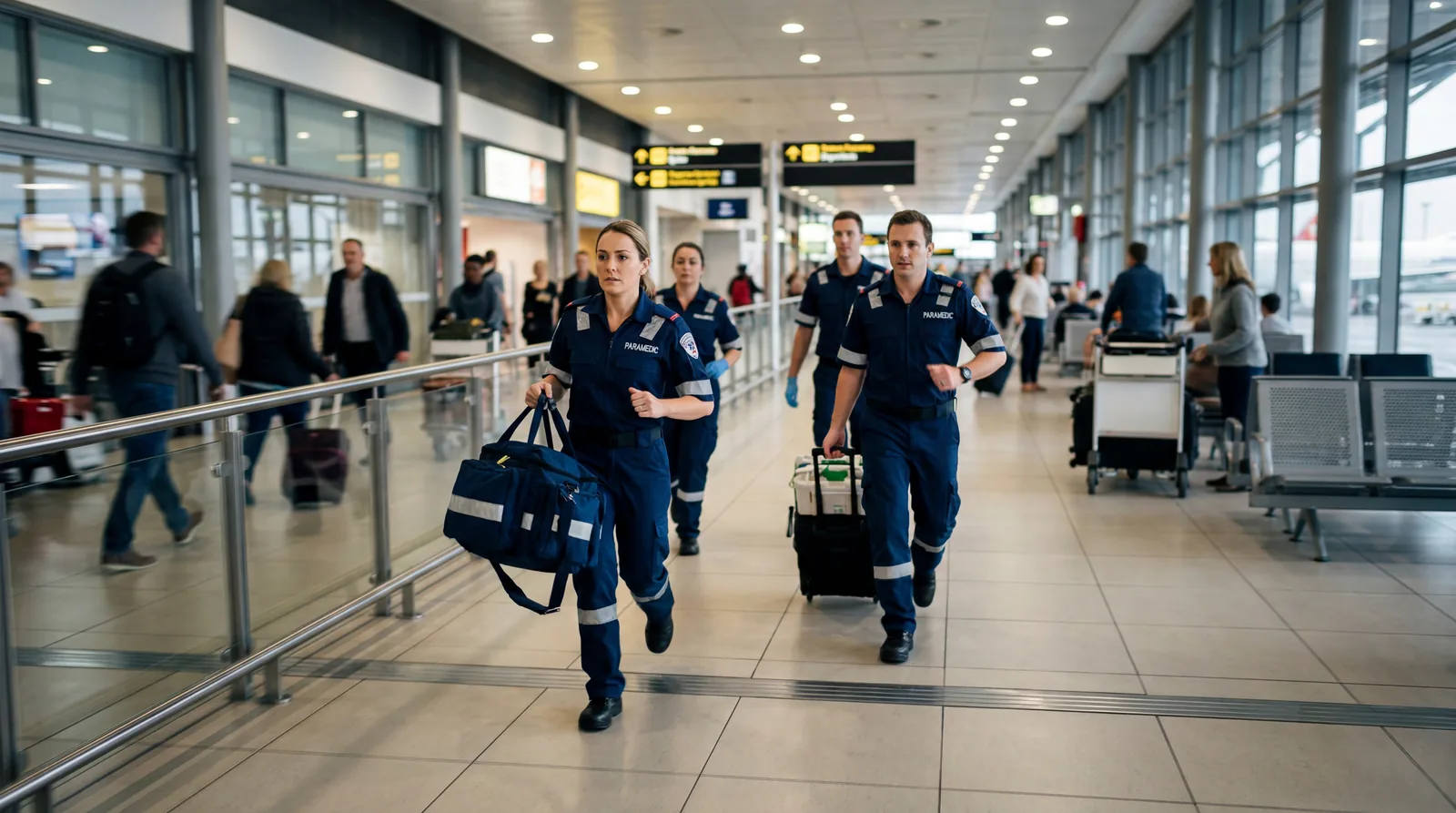 Airport paramedics with equipment bag moving quickly through terminal corridor, blurred motion