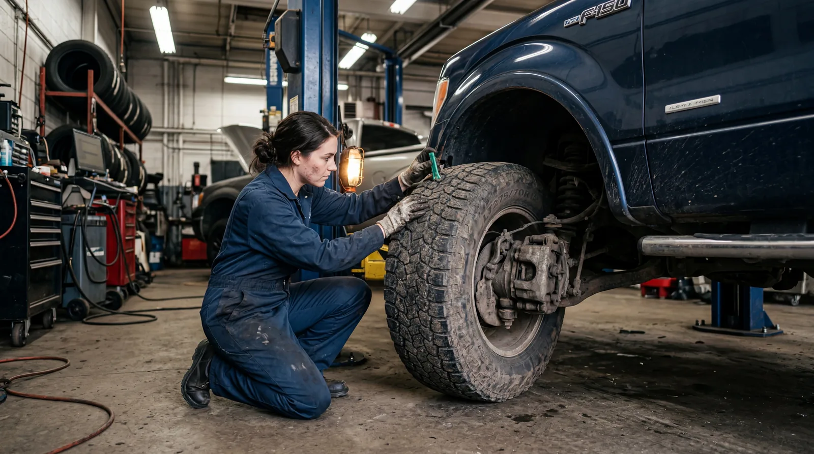 Mechanic inspecting a tire in a garage