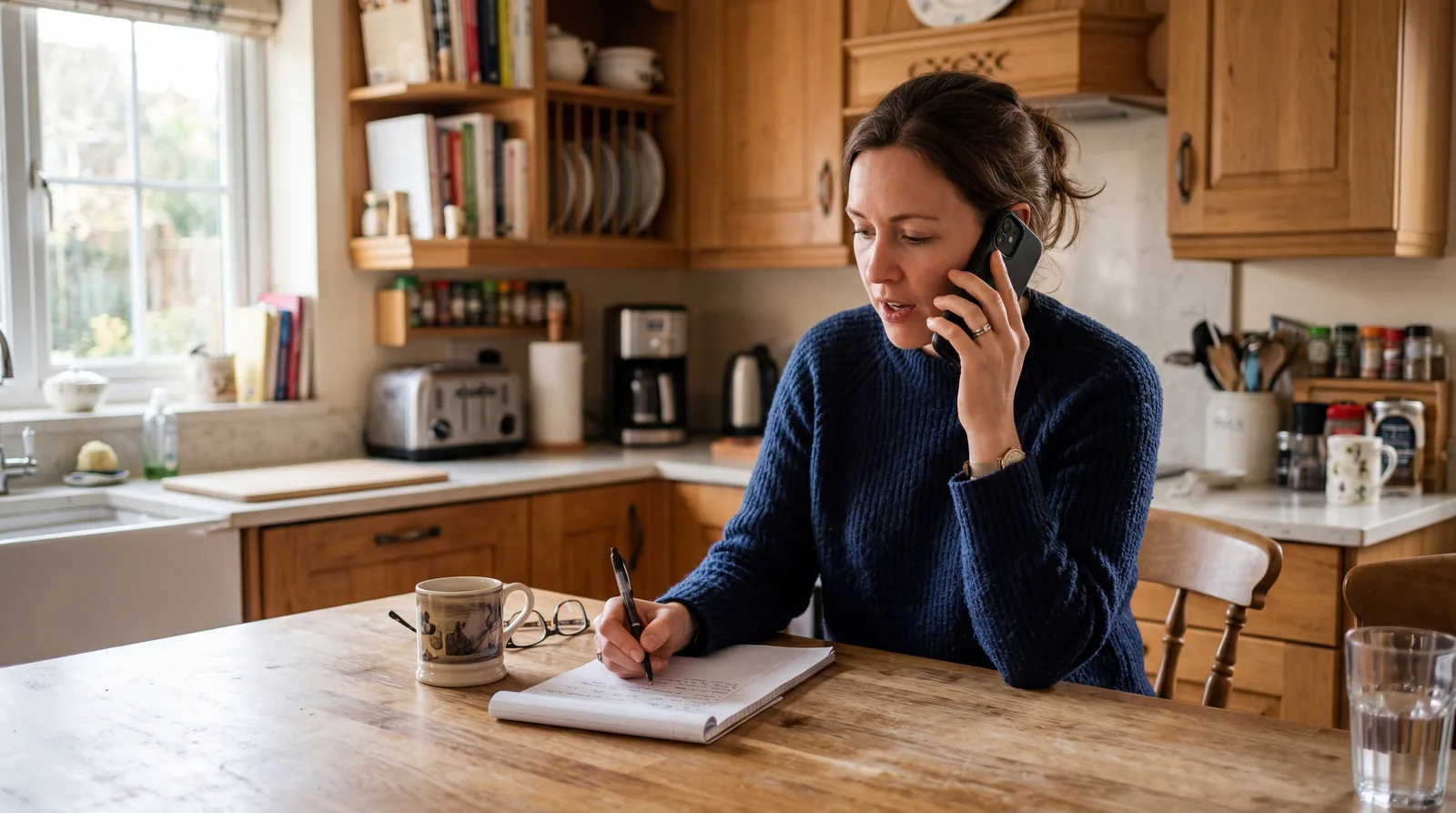 Person on the phone with insurance company, writing notes, kitchen setting