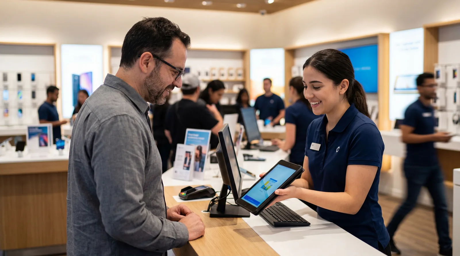 Sales representative showing a tablet screen to a customer at a service counter, retail or telecom store