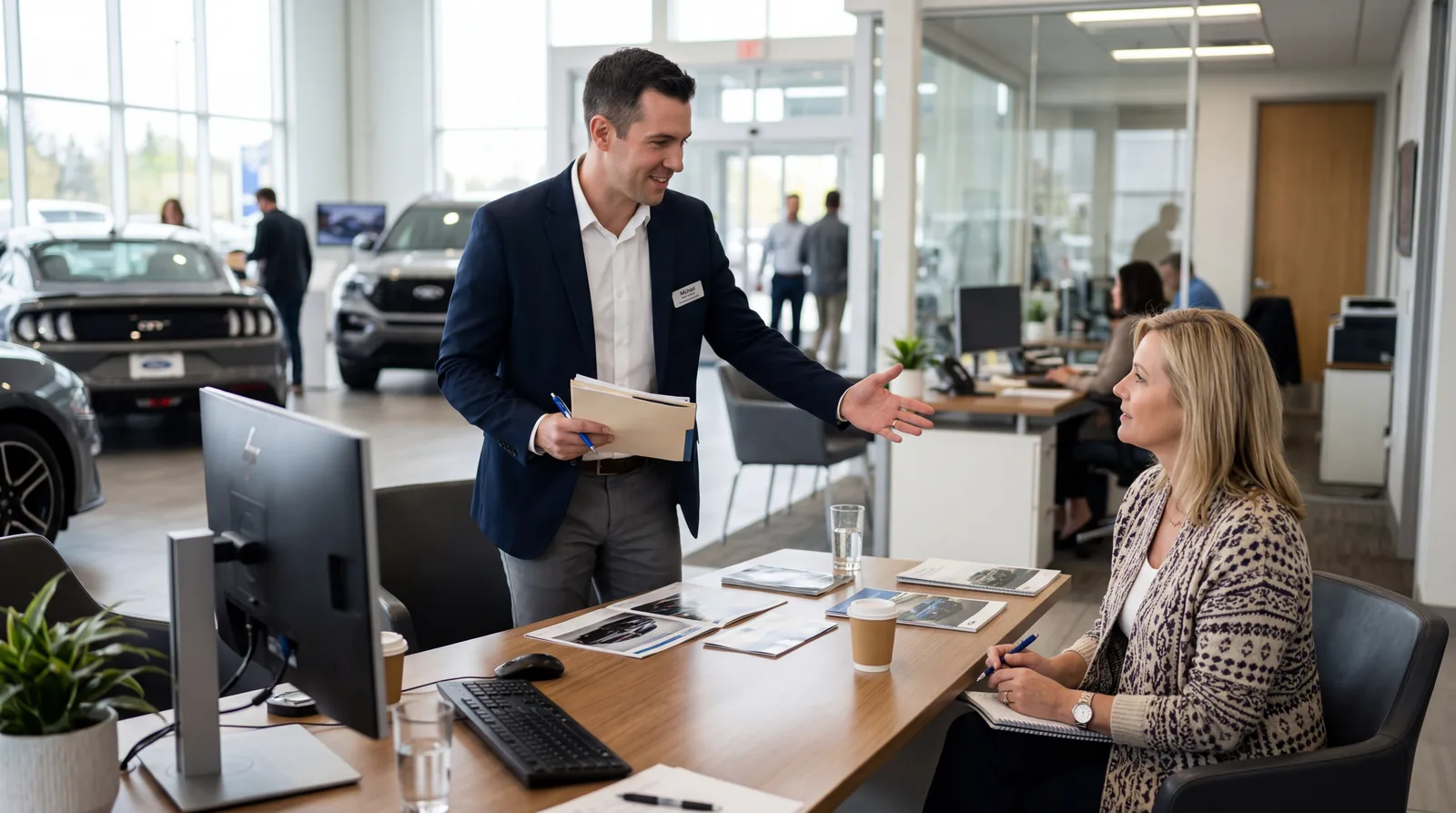 Salesperson standing and excusing themselves from a desk while a customer waits, office or dealership environment