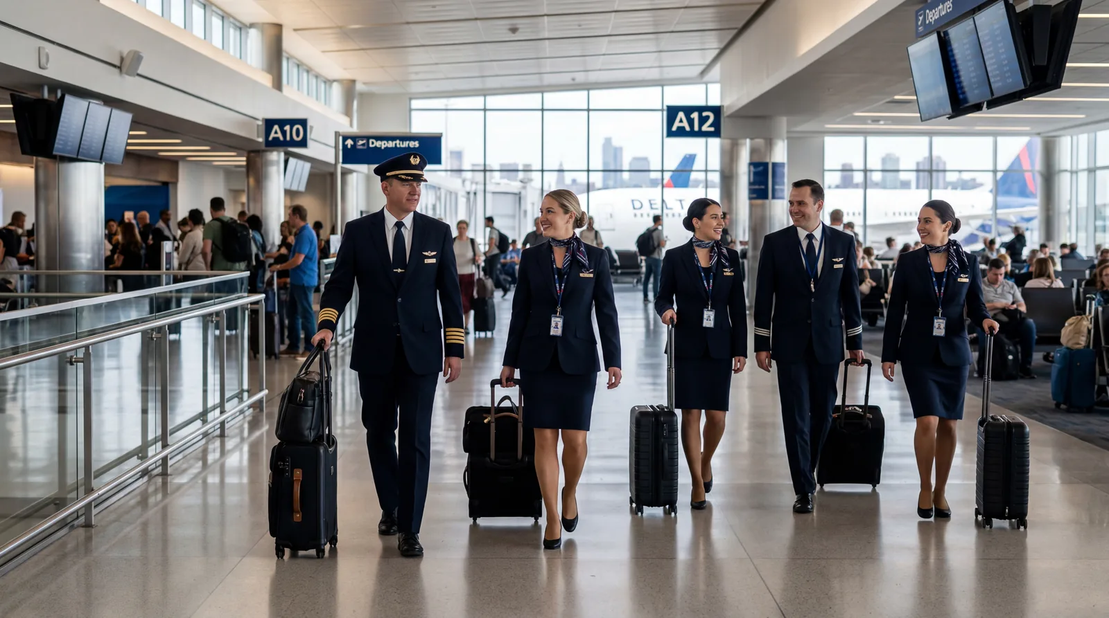 Airline crew members in uniform walking through terminal corridor with roller bags