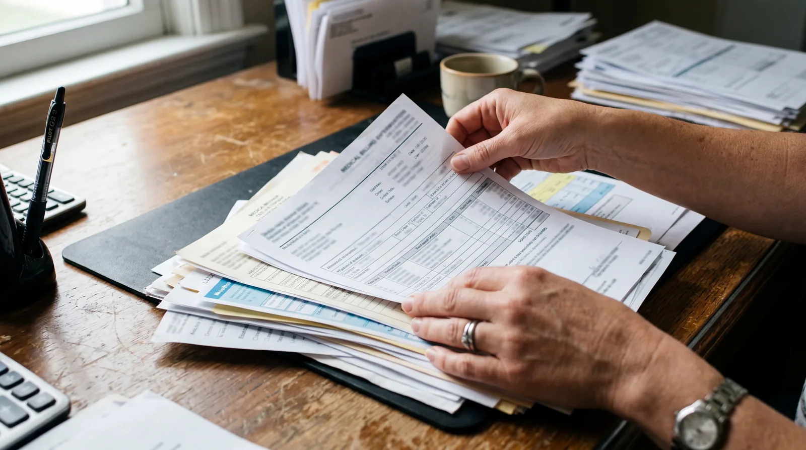 Close-up of hands sorting through medical billing documents on a desk