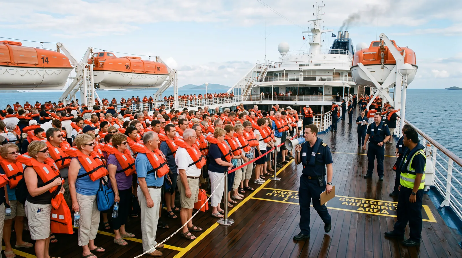 Passengers gathering at a muster station on the outer deck of a large ship, crew directing them