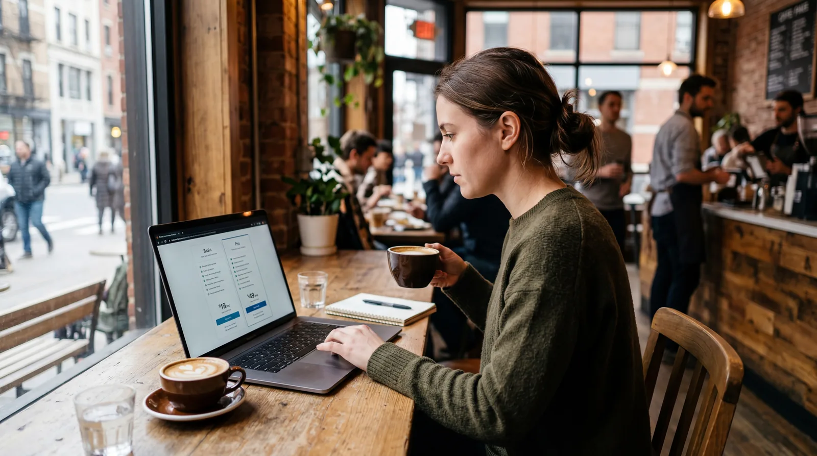 Person reviewing a pricing page on a laptop at a coffee shop, comparing two columns of plan options