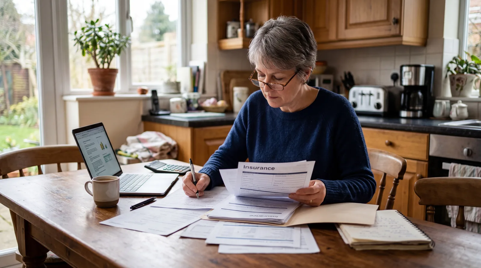 Person reviewing insurance documents at a kitchen table, reading glasses on