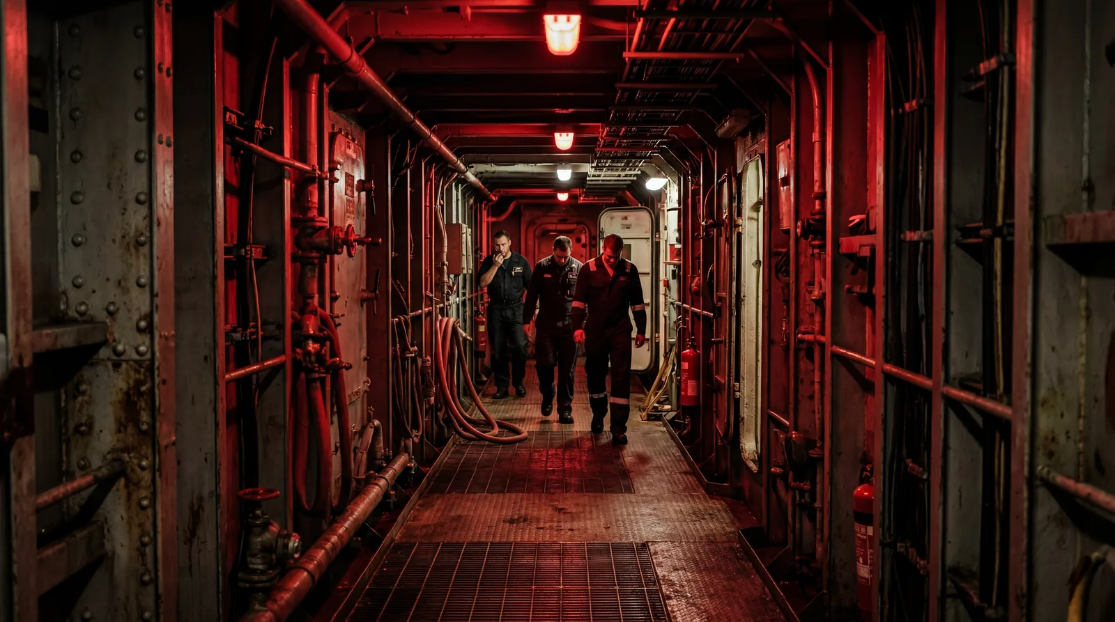 A ship corridor with emergency lighting activated, red-tinted atmospheric scene, crew members visible in the background