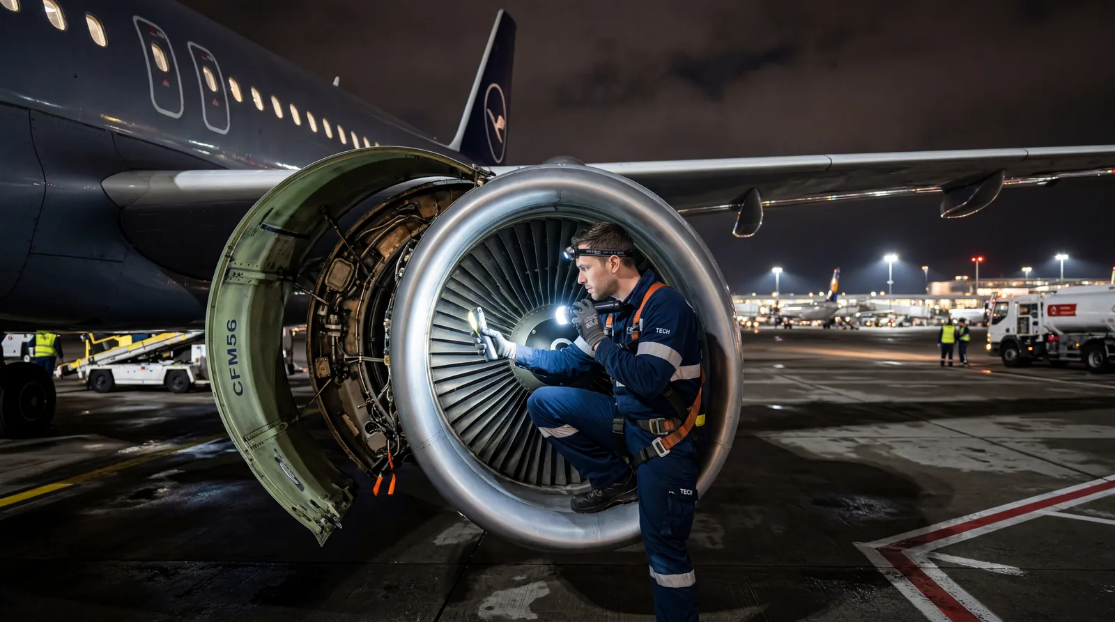 Aircraft maintenance technician with flashlight inspecting aircraft engine on tarmac