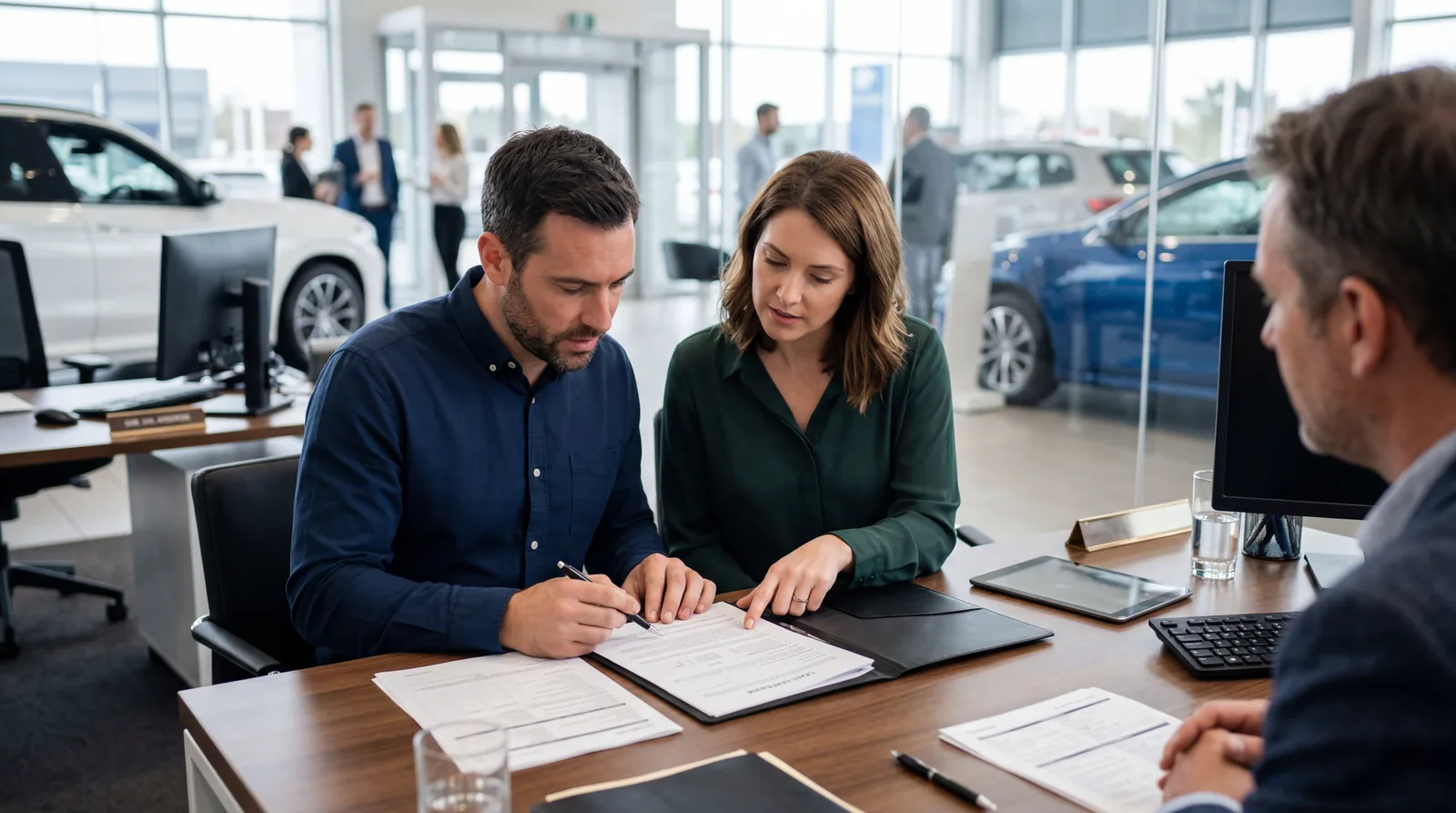 Couple reviewing a lease agreement at a dealership