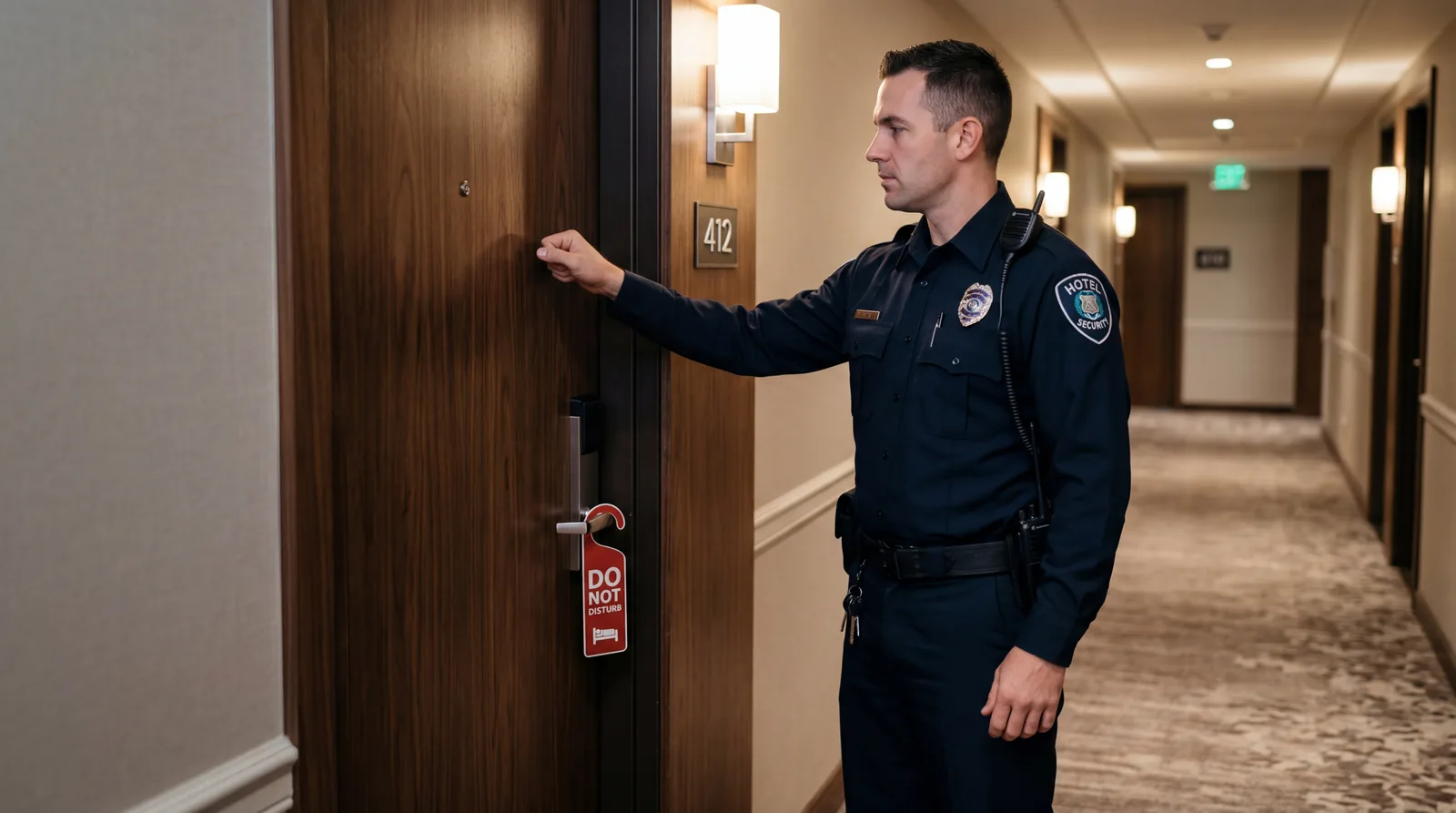 Hotel security officer knocking on a hotel room door with a DND sign visible, professional demeanor