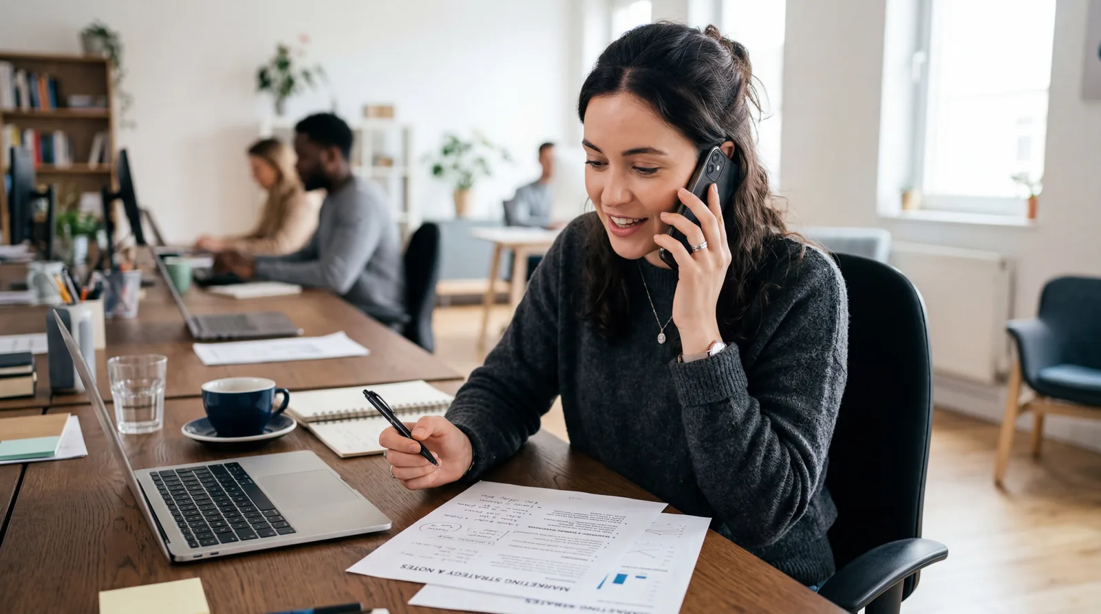 Person on a phone call nodding and speaking, holding a pen near a document on a table