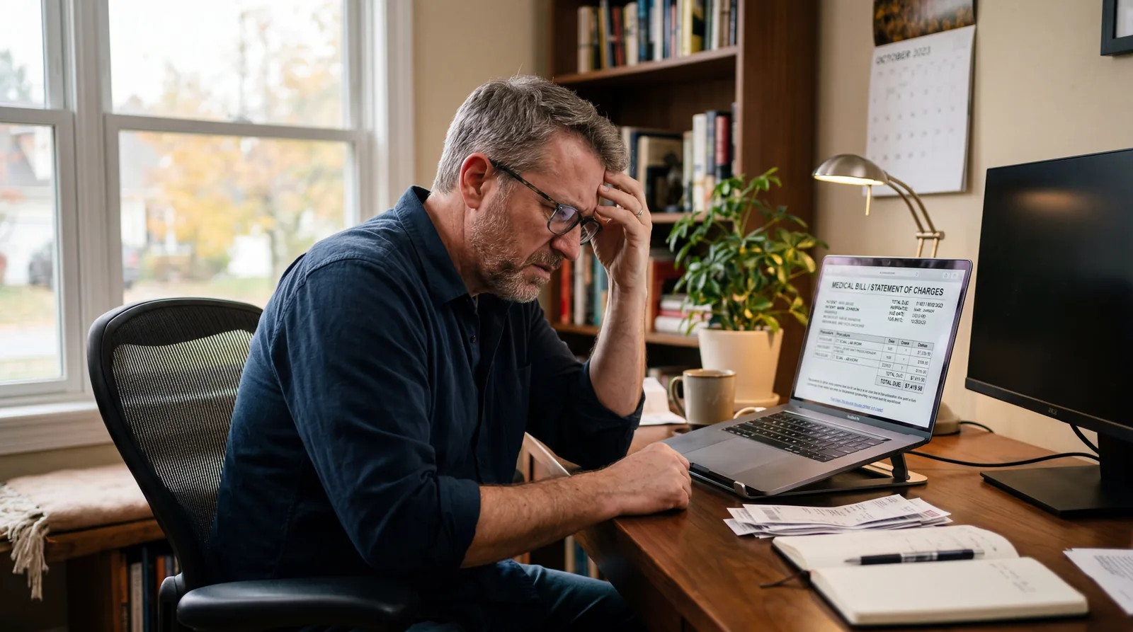 Person sitting at a desk looking at a medical bill on their laptop, visibly stressed, home office, natural window light