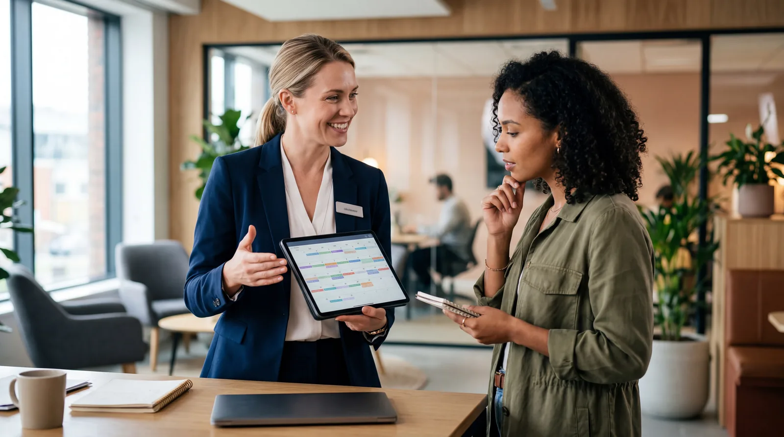 Salesperson holding a tablet showing a calendar while a customer considers options, professional setting