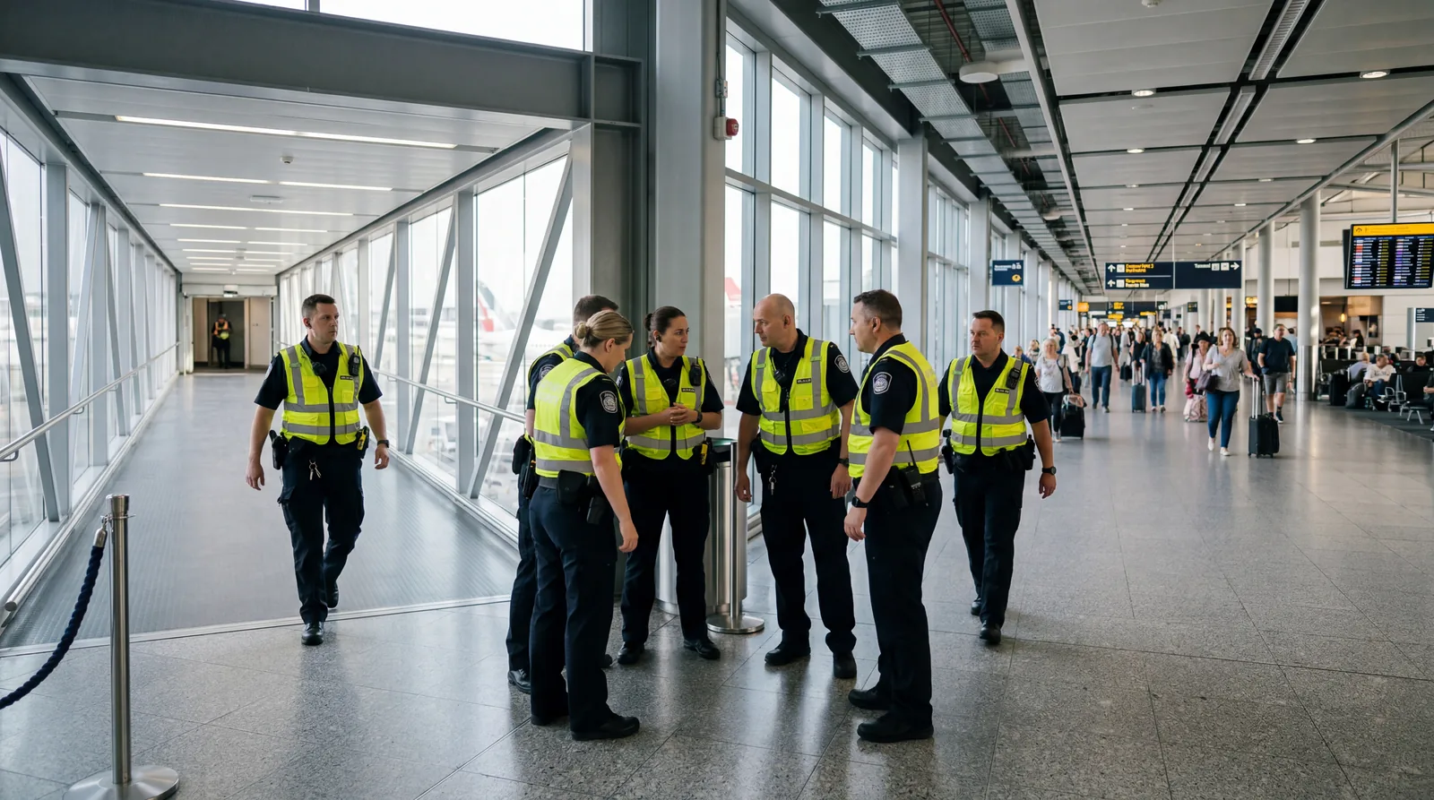 Airport security personnel in high-visibility vests converging quietly at a terminal corridor junction