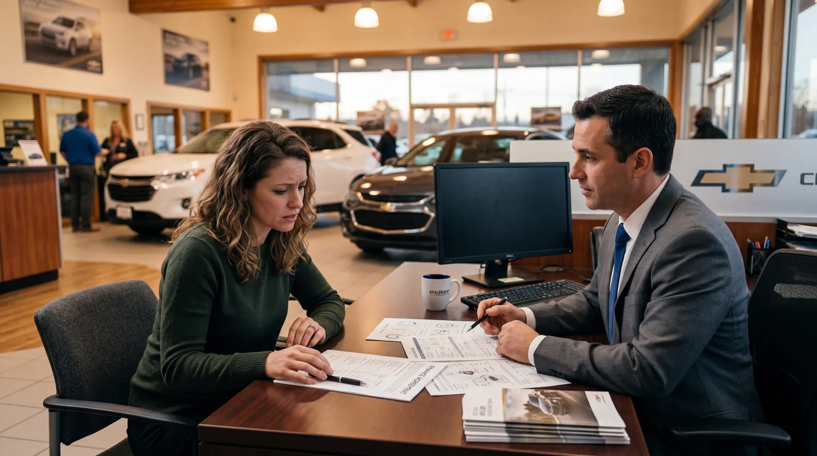 Car buyer sitting across from a finance manager at a dealership desk, reviewing paperwork with a concerned expression, w