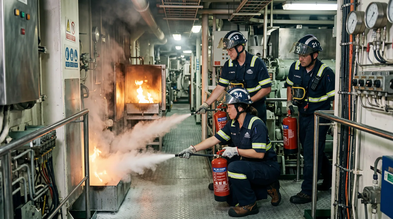 Cruise ship crew members with fire extinguishers responding to a contained fire drill in an engine room corridor