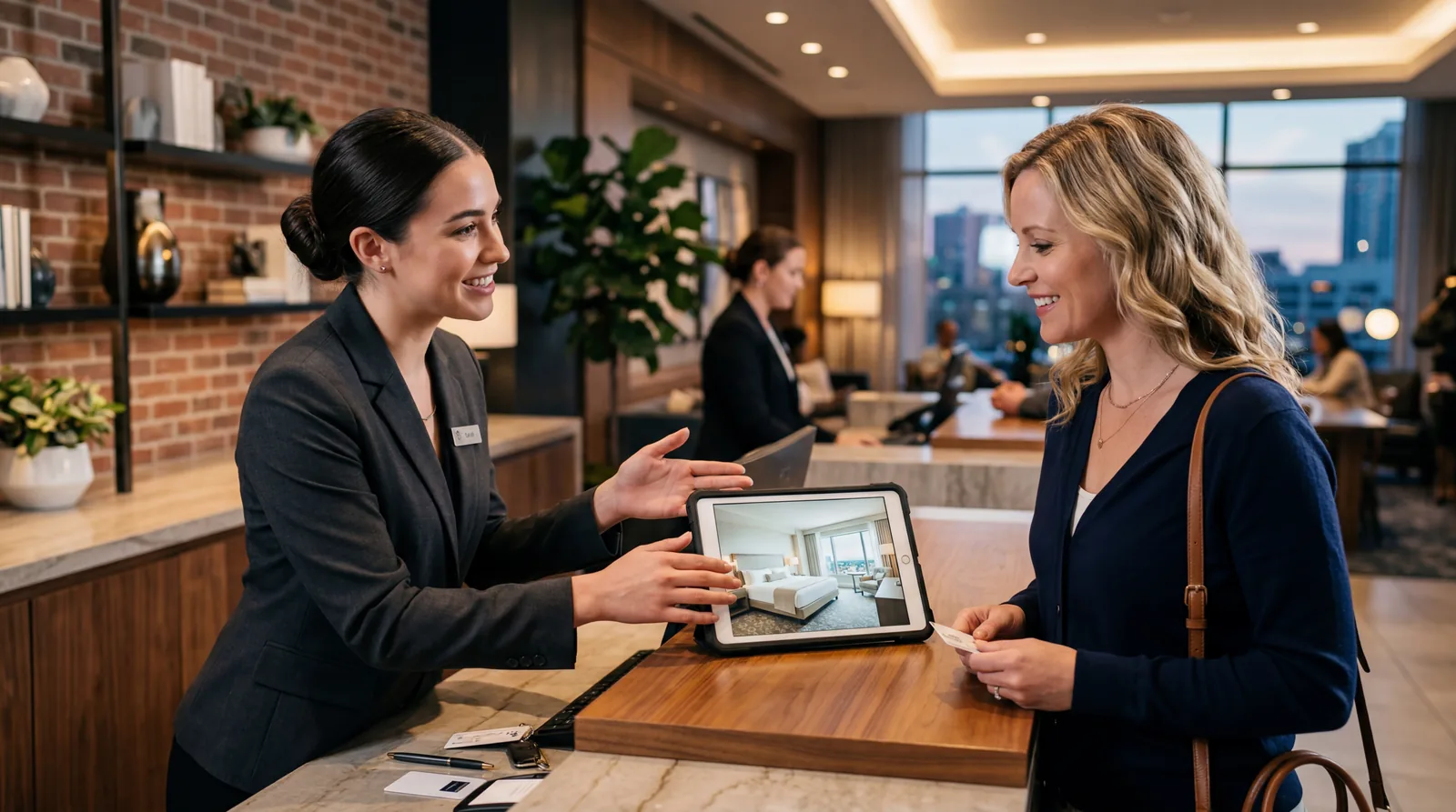Hotel front desk agent speaking to a guest while gesturing toward a room photo on a tablet