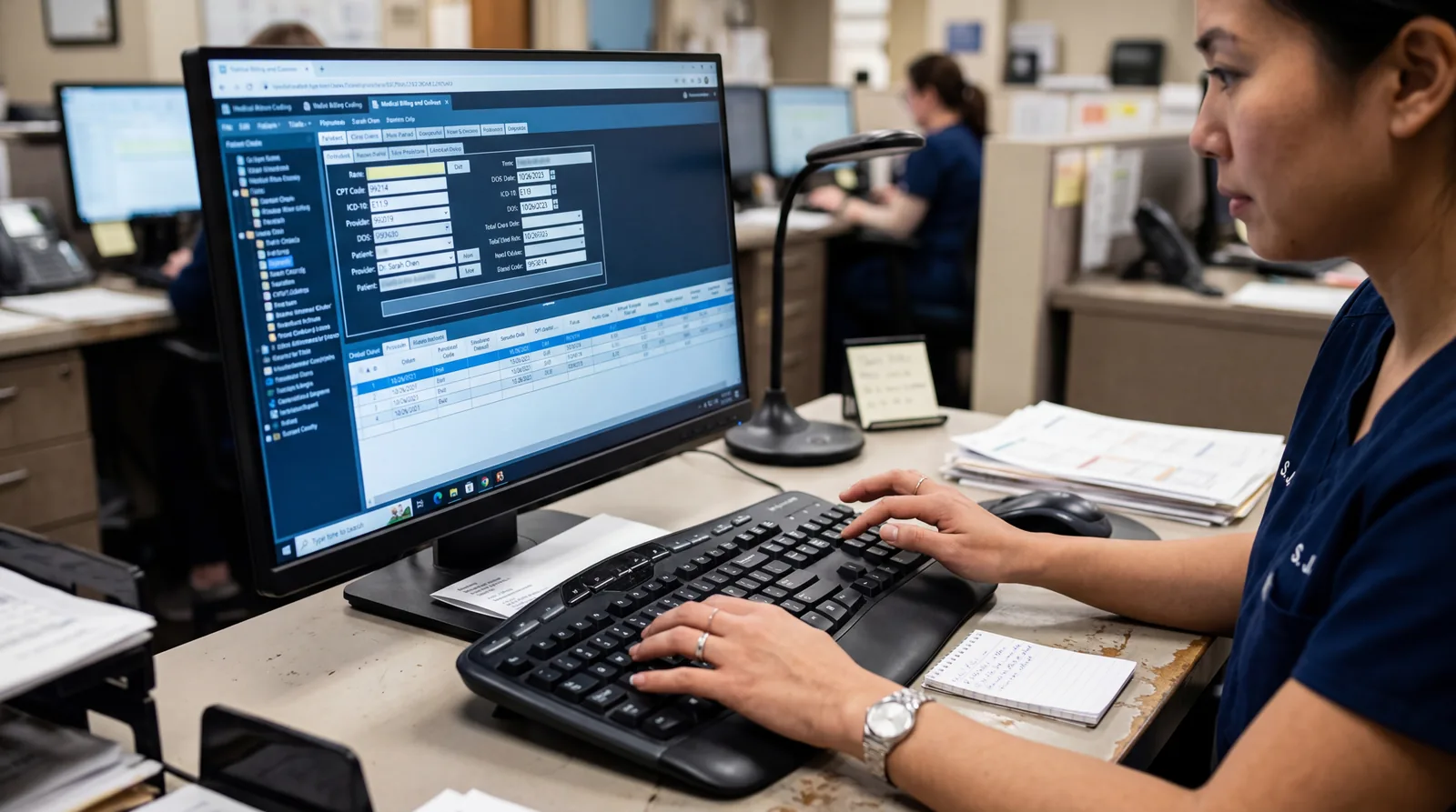 Medical billing specialist at a computer entering codes, close-up of screen and hands