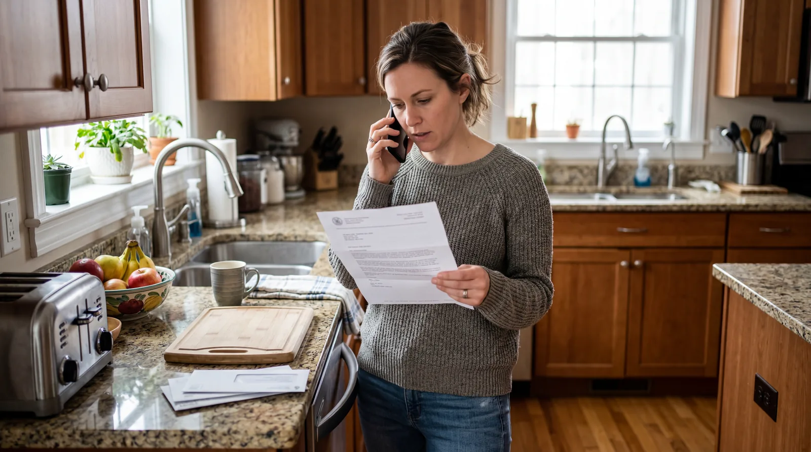 Person on phone looking at an official-looking letter in their hand, standing near a kitchen counter