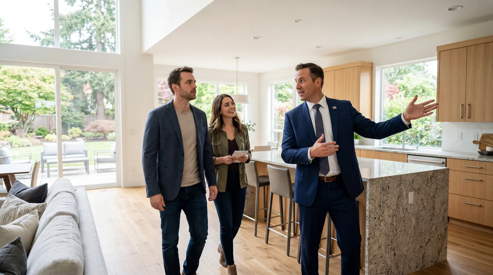 Salesperson showing a homebuyer around a property with confident gestures, couple following attentively