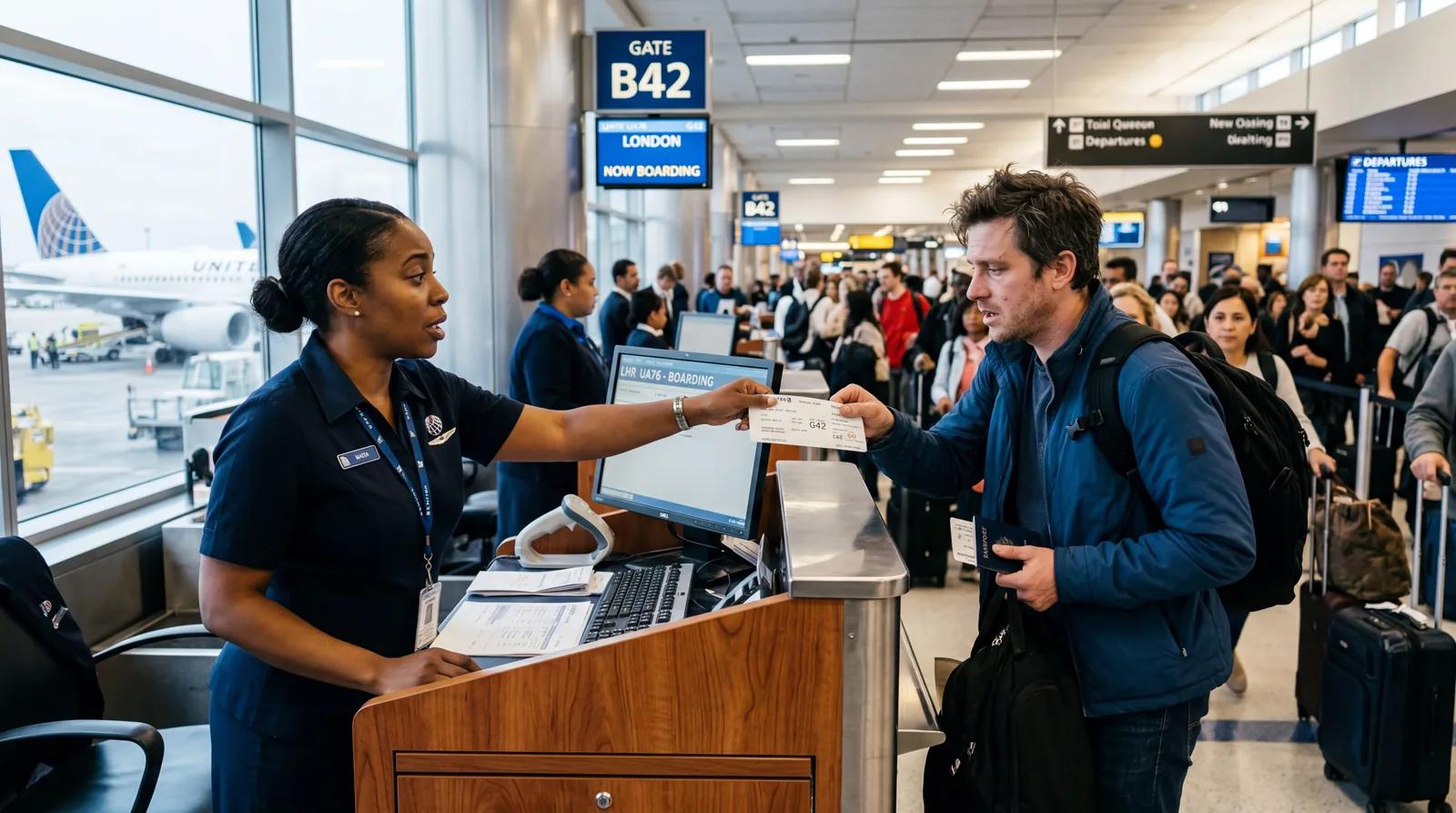 Airline gate agent handing boarding pass to passenger at podium, urgent expression, busy terminal in background
